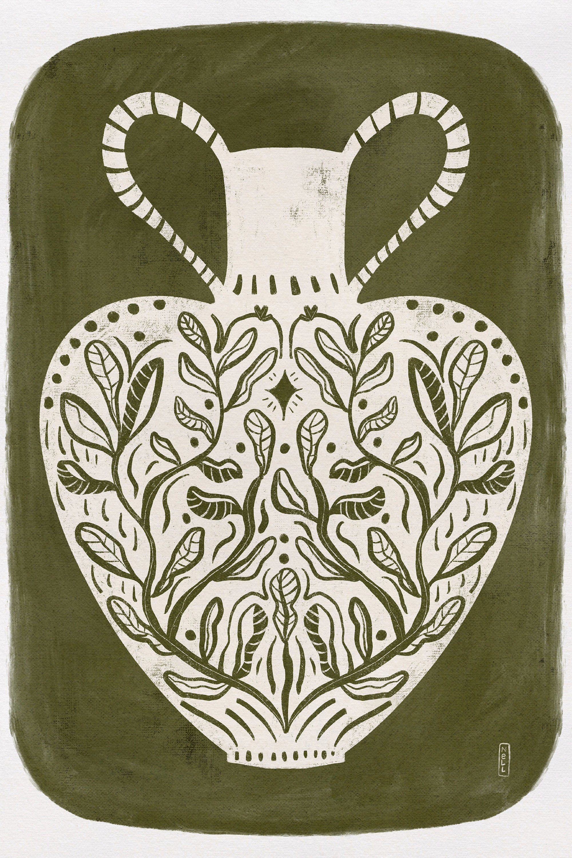 wall-art-print-canvas-poster-framed-Greek Vase Olive Green Illustration-1