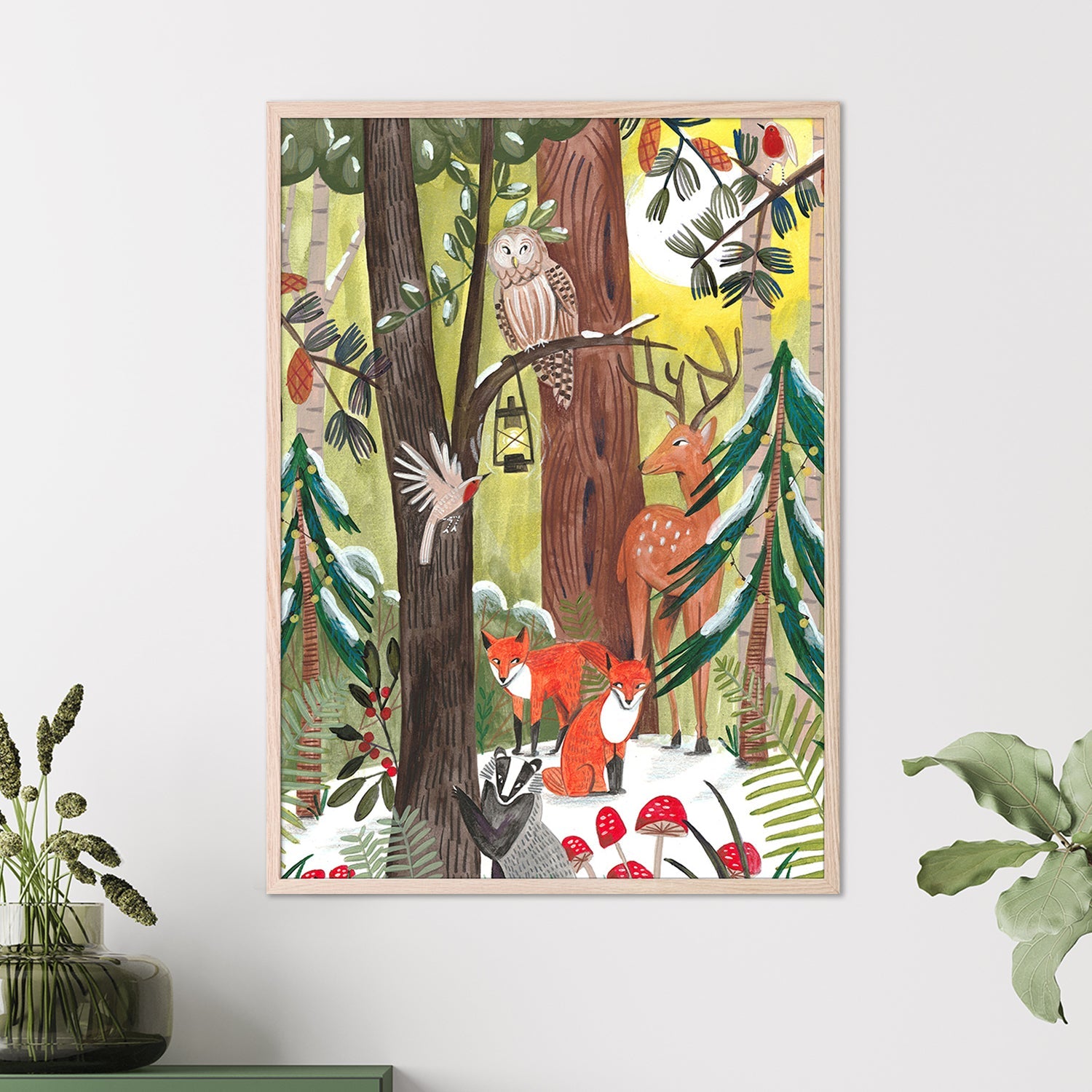 wall-art-print-canvas-poster-framed-Green Christmas forest with animals-2