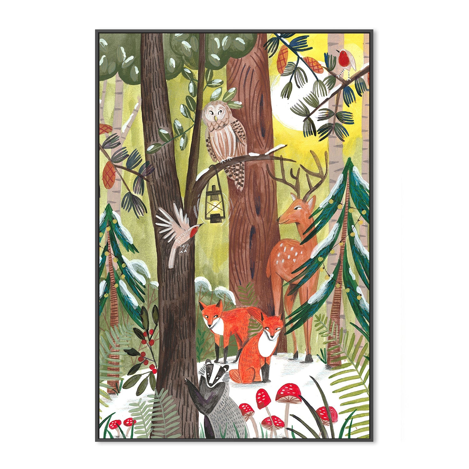 wall-art-print-canvas-poster-framed-Green Christmas forest with animals-3