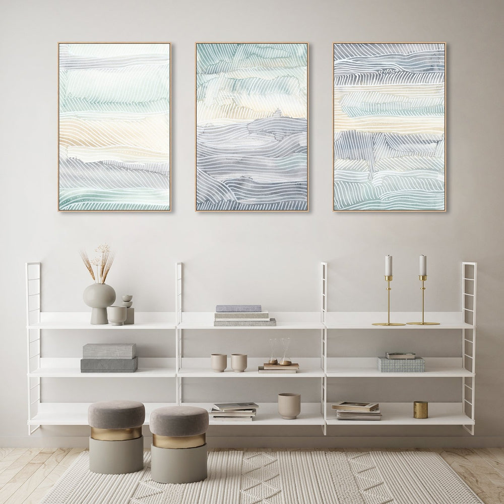 wall-art-print-canvas-poster-framed-Green, Yellow And Blue Abstract, Set Of 3-by-Emily Wood-Gioia Wall Art