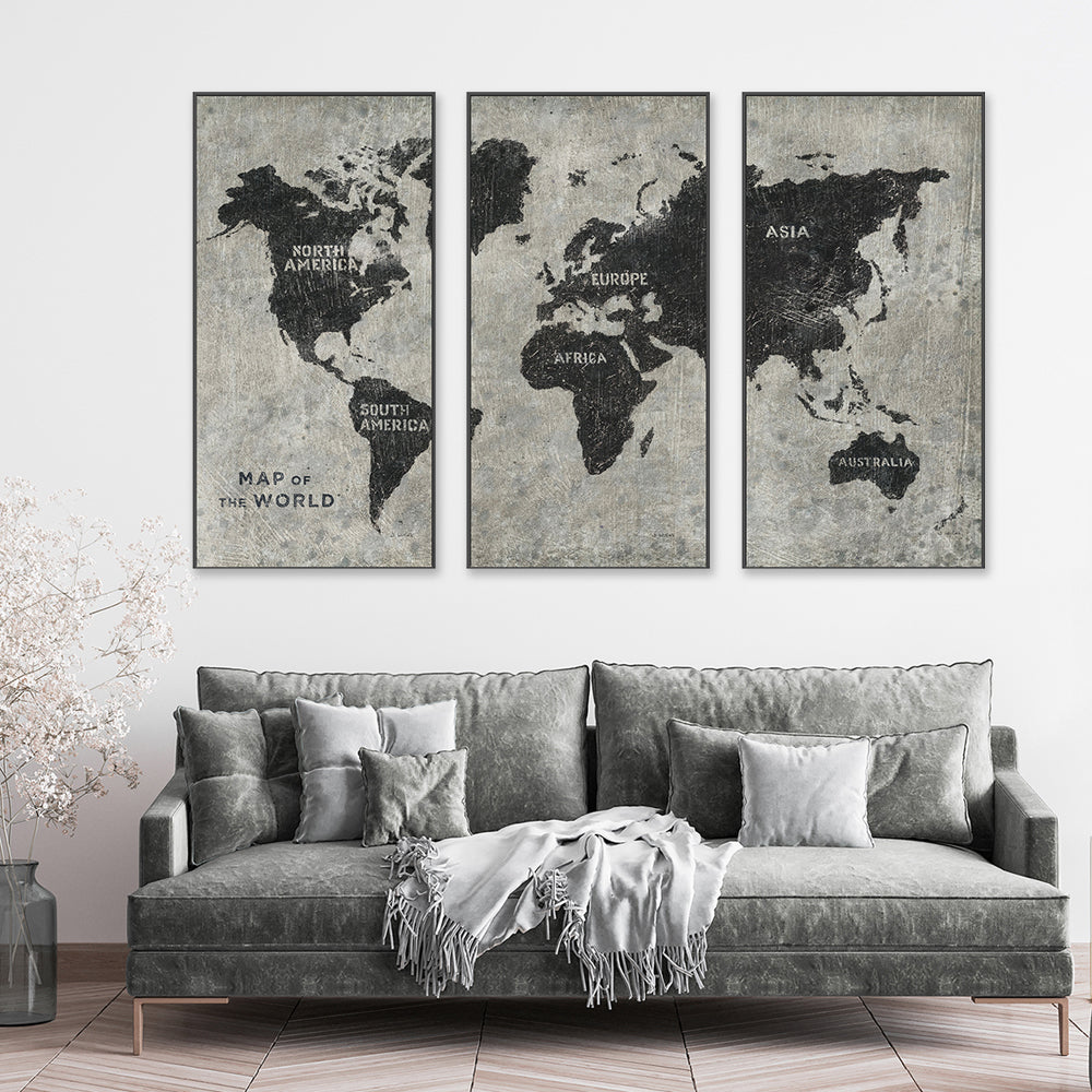 wall-art-print-canvas-poster-framed-Grunge World Map, Set of 3-by-James Wiens-Gioia Wall Art