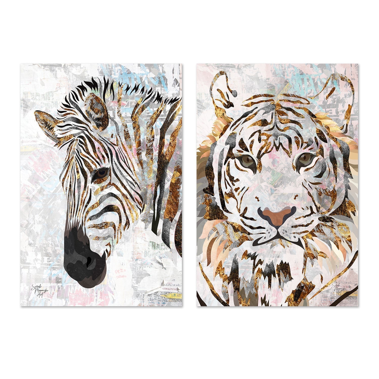 wall-art-print-canvas-poster-framed-Grunge Zebra And Tiger, Set Of 2 , By Sarah Manovski-GIOIA-WALL-ART