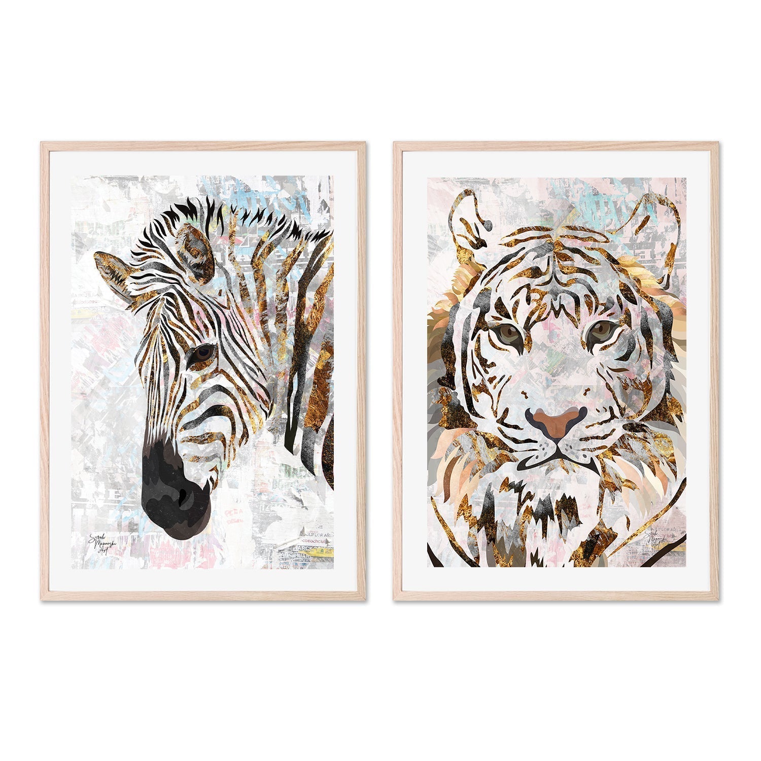 wall-art-print-canvas-poster-framed-Grunge Zebra And Tiger, Set Of 2 , By Sarah Manovski-GIOIA-WALL-ART
