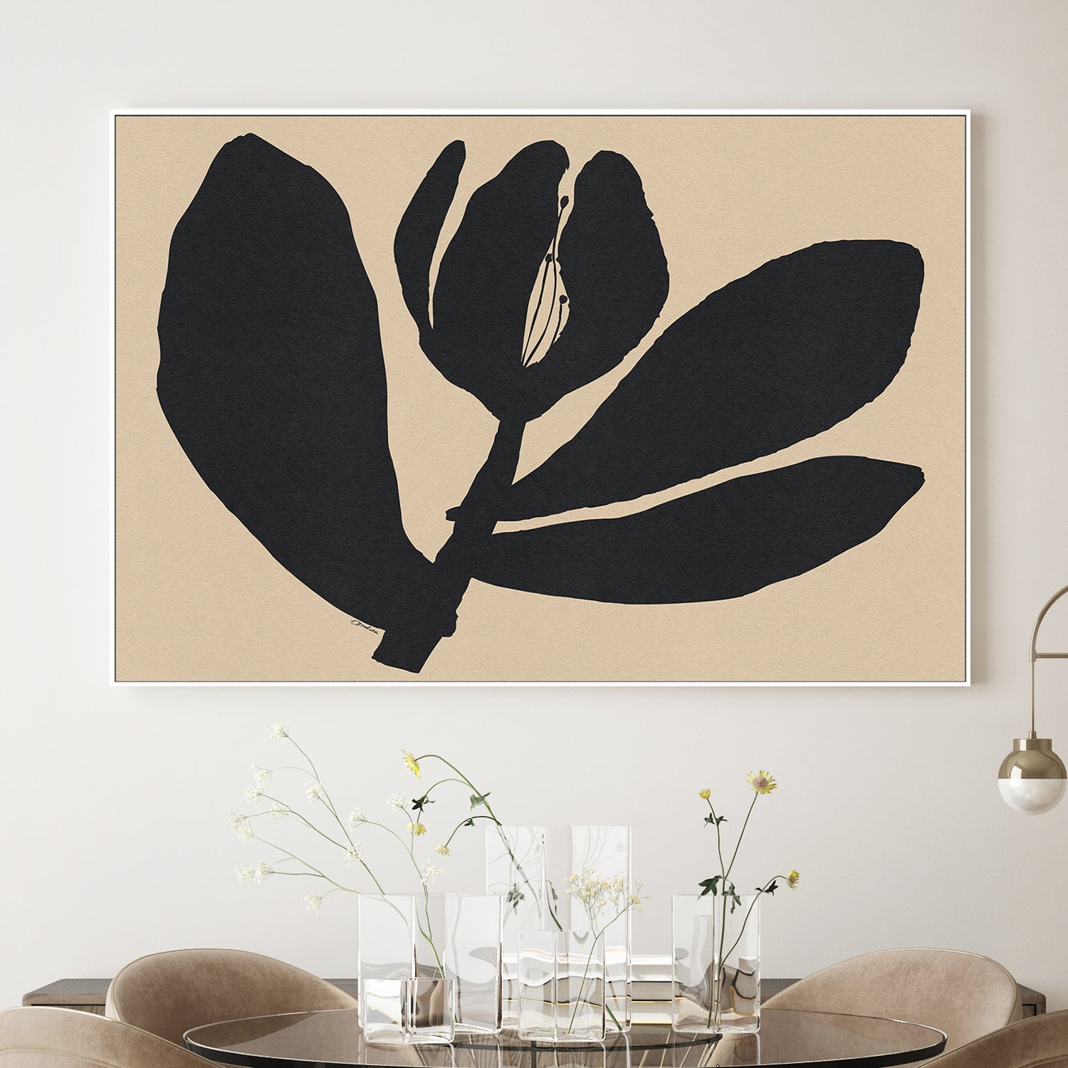 wall-art-print-canvas-poster-framed-Half Closed Black Flower On Beige-2