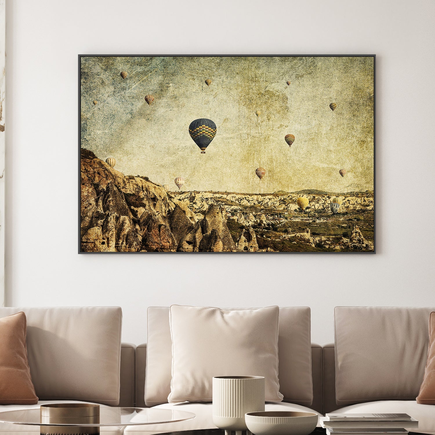 wall-art-print-canvas-poster-framed-Hot Air Balloons in Cappadocia, Turkey with a Painterly Background, Concrete Skies , By Andrew Paranavitana-3