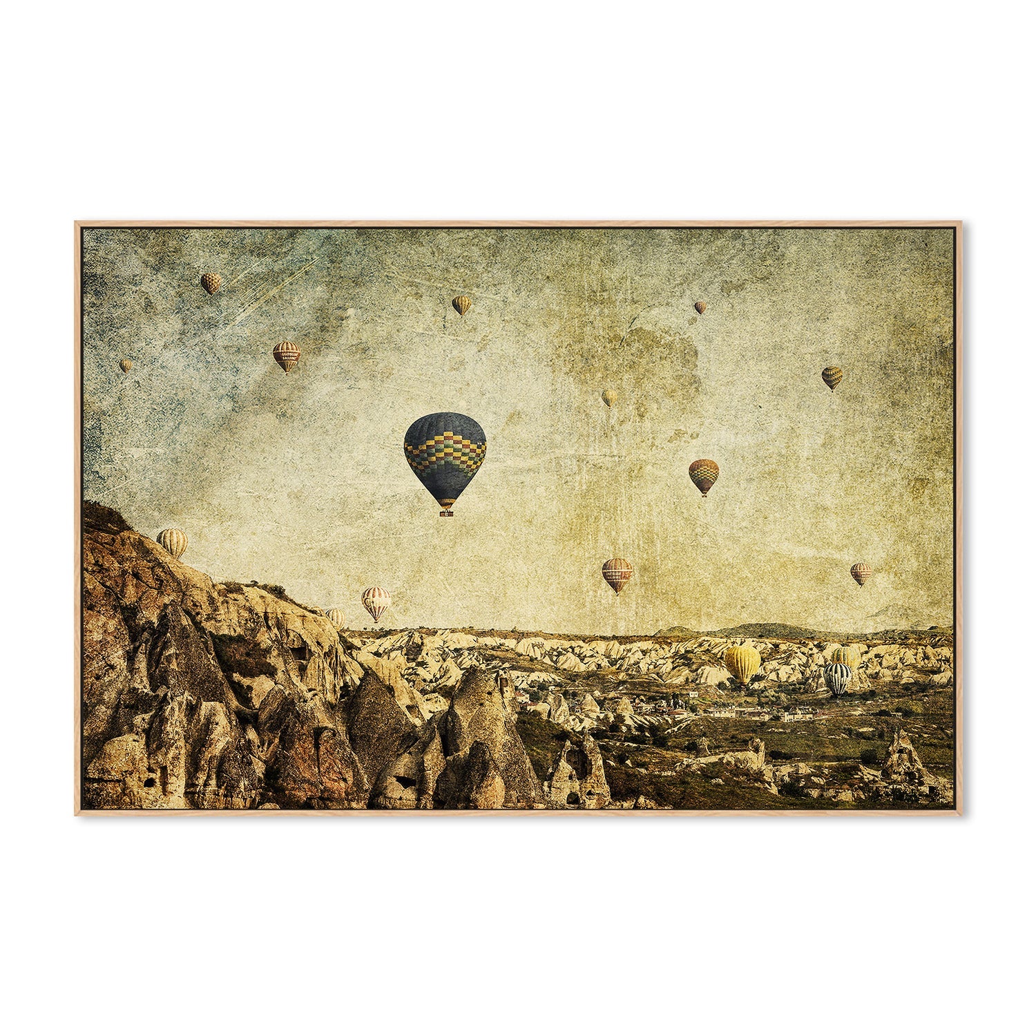 wall-art-print-canvas-poster-framed-Hot Air Balloons in Cappadocia, Turkey with a Painterly Background, Concrete Skies , By Andrew Paranavitana-5