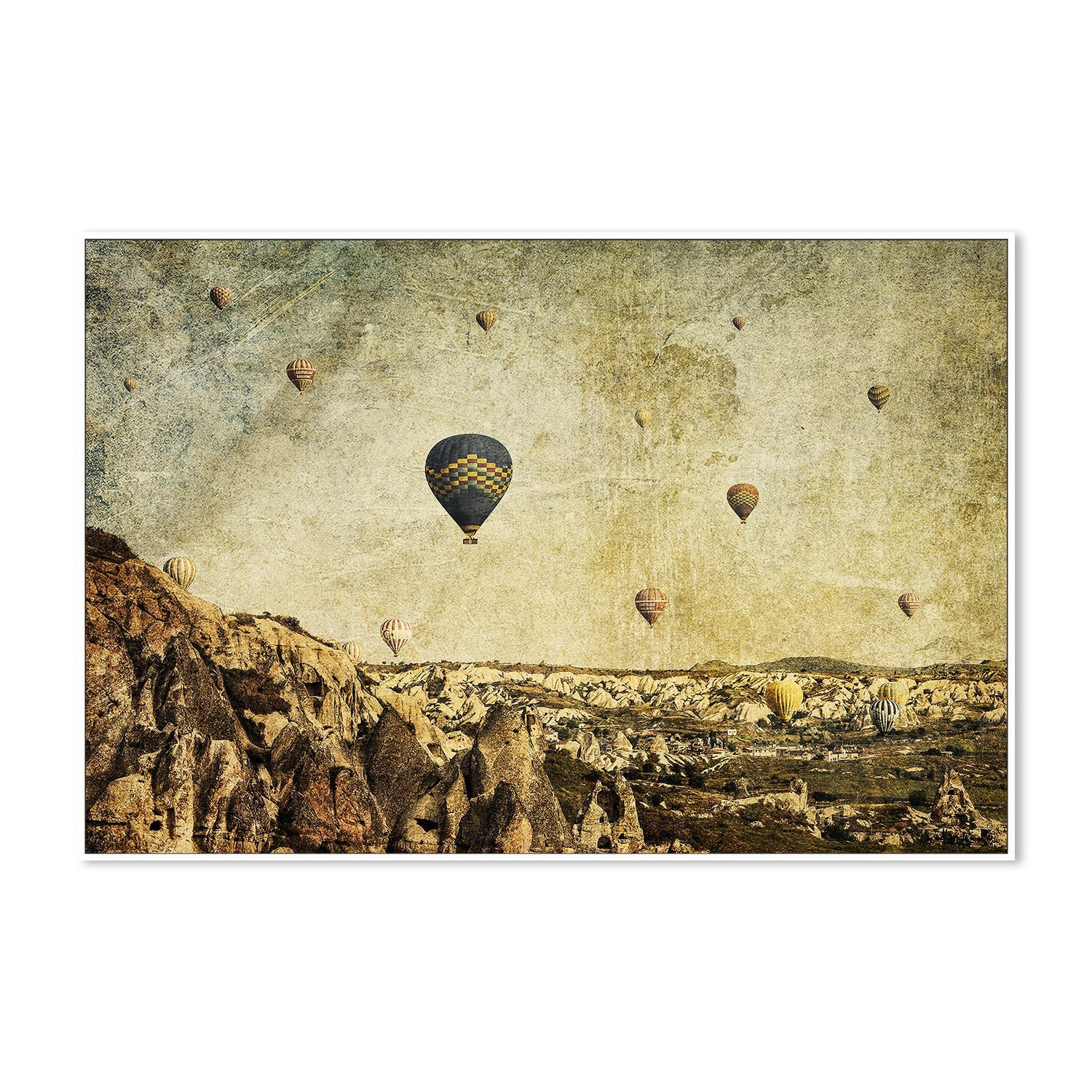 wall-art-print-canvas-poster-framed-Hot Air Balloons in Cappadocia, Turkey with a Painterly Background, Concrete Skies , By Andrew Paranavitana-6