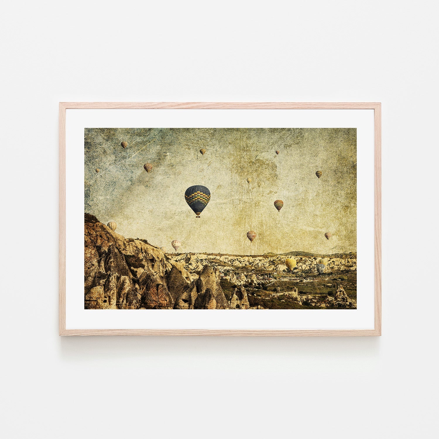 wall-art-print-canvas-poster-framed-Hot Air Balloons in Cappadocia, Turkey with a Painterly Background, Concrete Skies , By Andrew Paranavitana-7