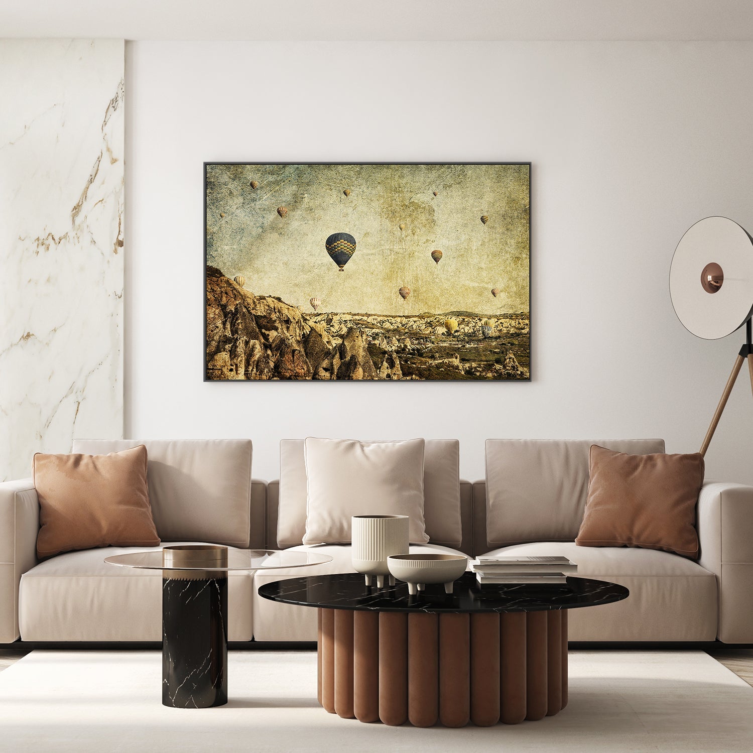 wall-art-print-canvas-poster-framed-Hot Air Balloons in Cappadocia, Turkey with a Painterly Background, Concrete Skies , By Andrew Paranavitana-8