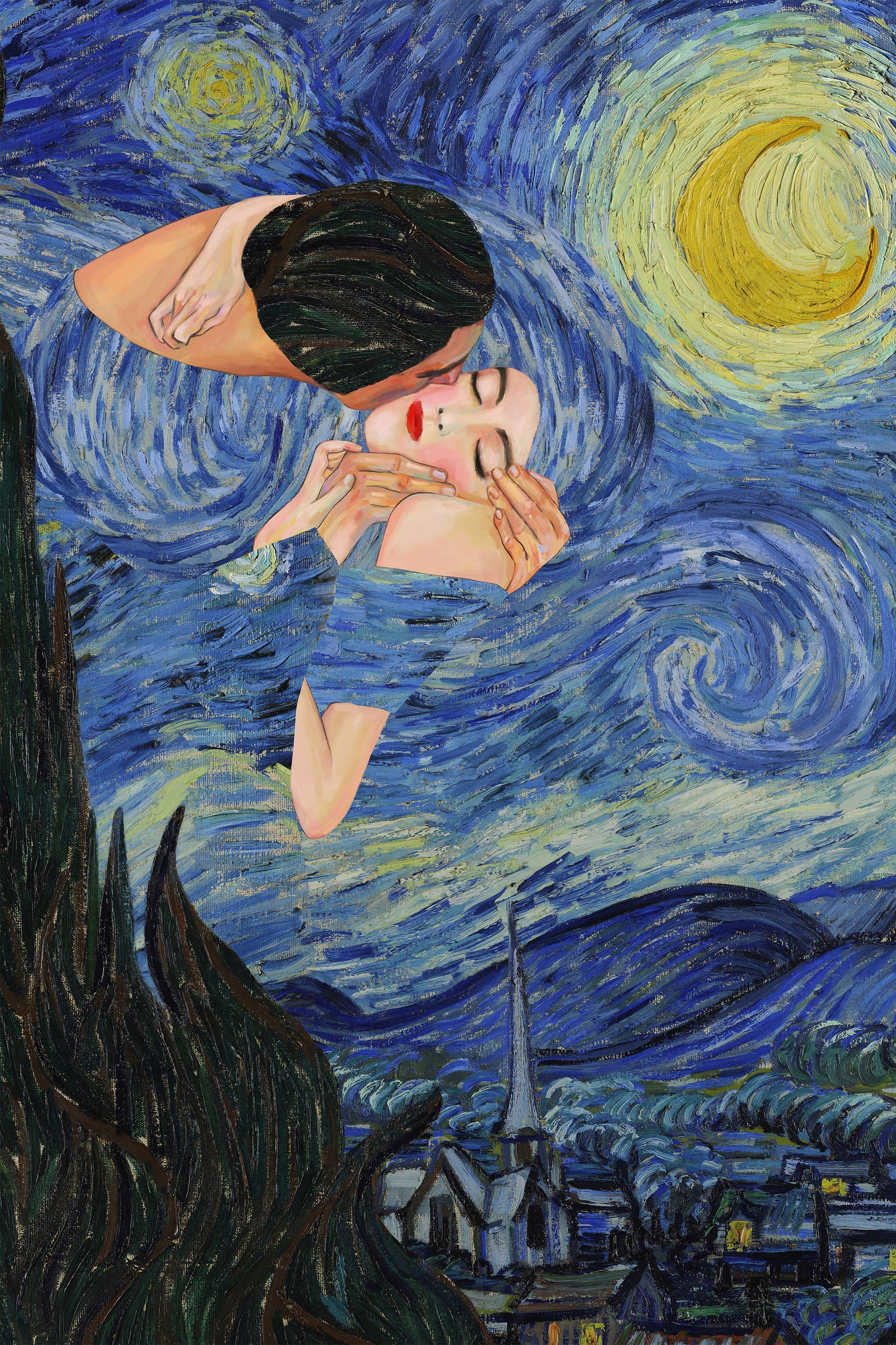wall-art-print-canvas-poster-framed-Kiss Under the Starry Night-1