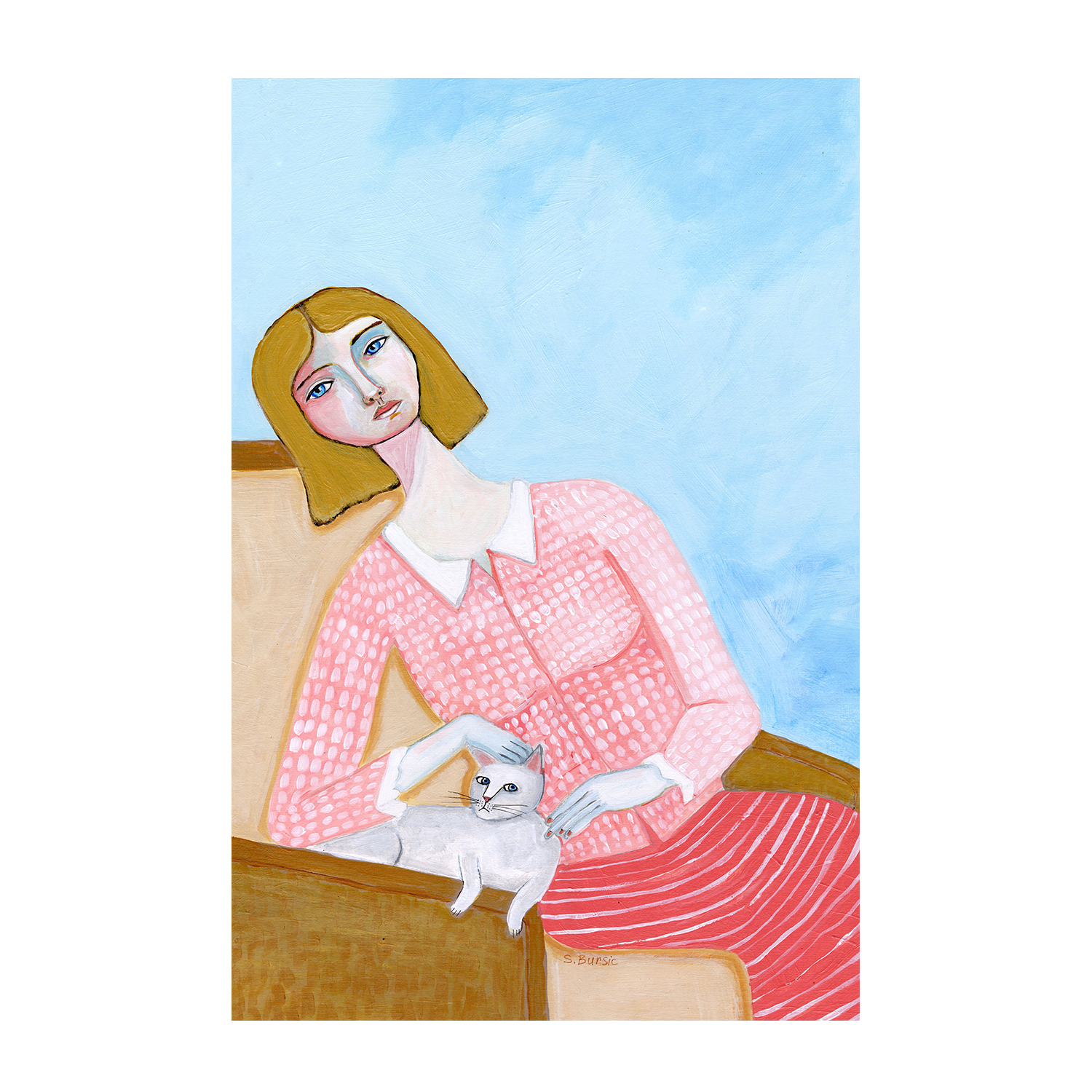wall-art-print-canvas-poster-framed-Lady And White Cat , By Sharyn Bursic-1