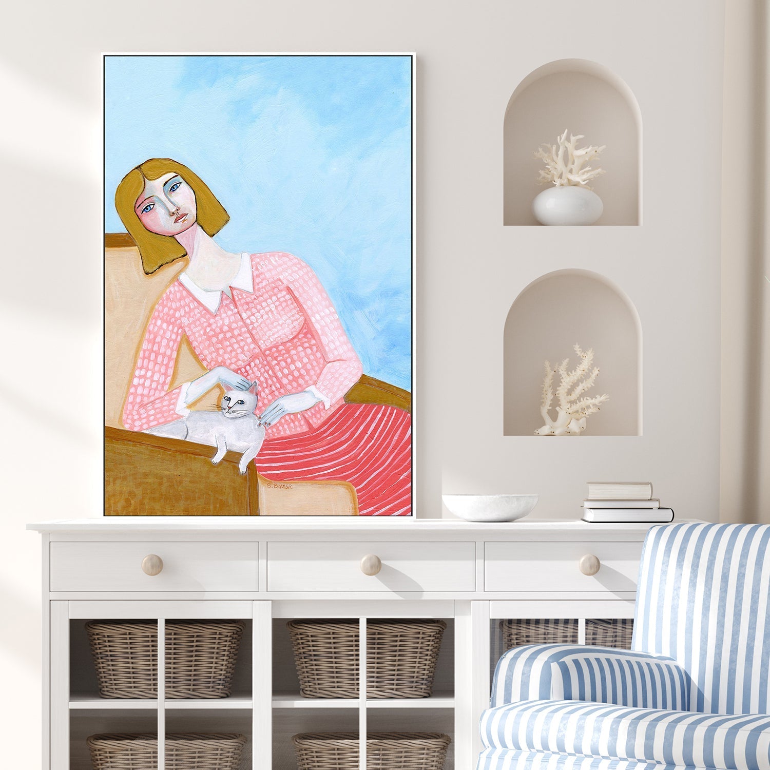 wall-art-print-canvas-poster-framed-Lady And White Cat , By Sharyn Bursic-2