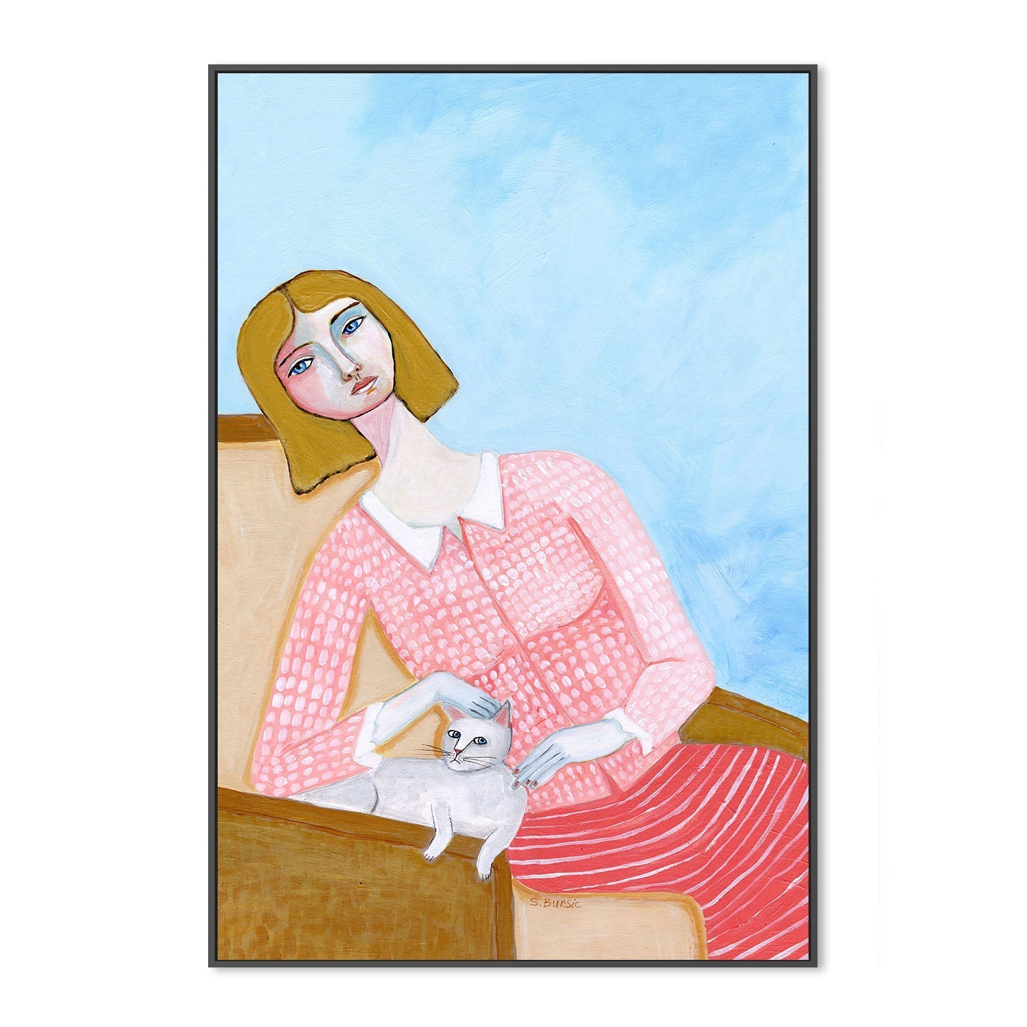 wall-art-print-canvas-poster-framed-Lady And White Cat , By Sharyn Bursic-3