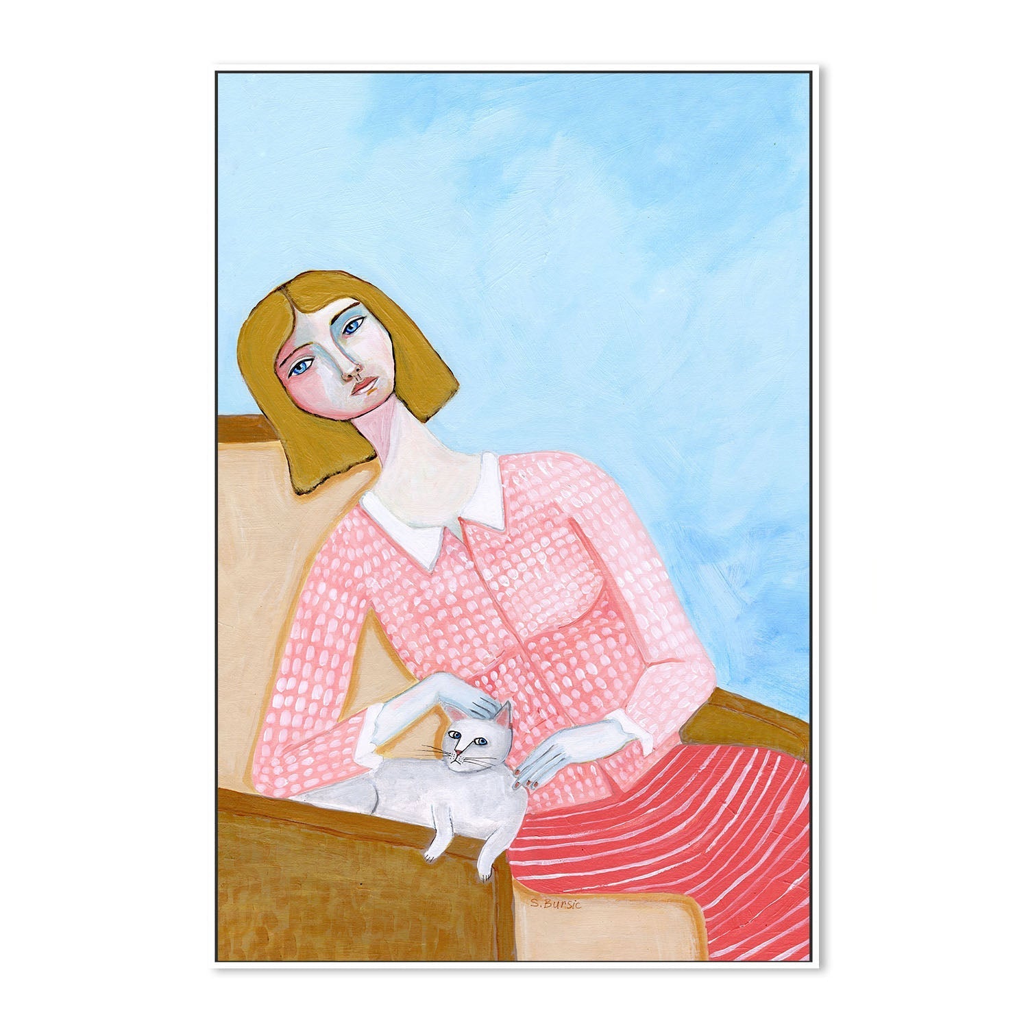 wall-art-print-canvas-poster-framed-Lady And White Cat , By Sharyn Bursic-5