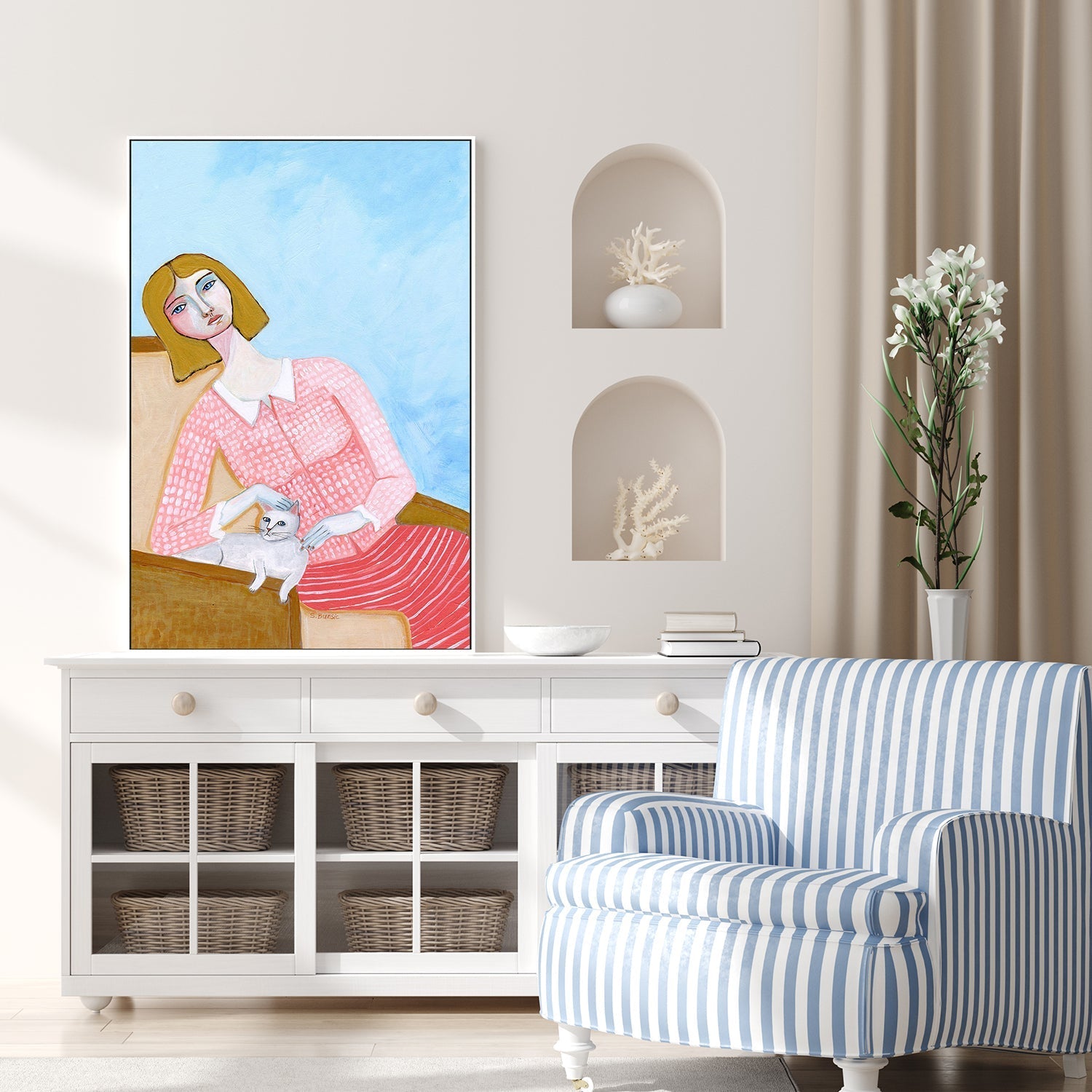 wall-art-print-canvas-poster-framed-Lady And White Cat , By Sharyn Bursic-7