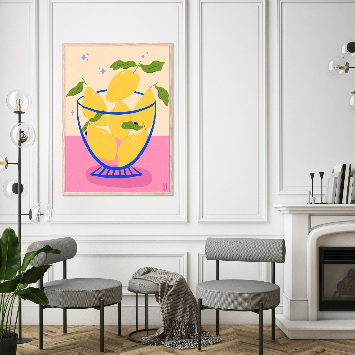 wall-art-print-canvas-poster-framed-Lemons in a Bowl Retro Illustration-8