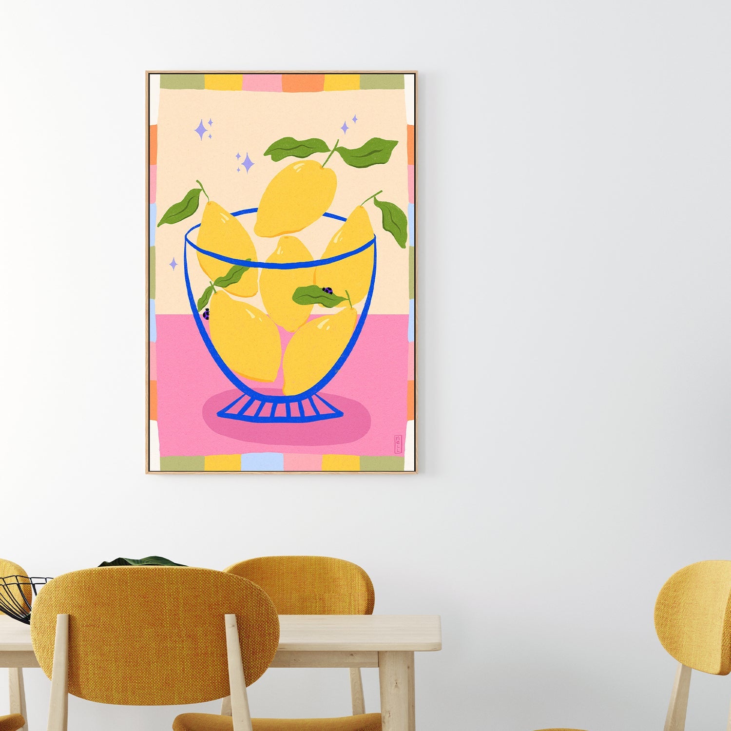 wall-art-print-canvas-poster-framed-Lemons in a Bowl Retro Illustration with Colorful Frame-2
