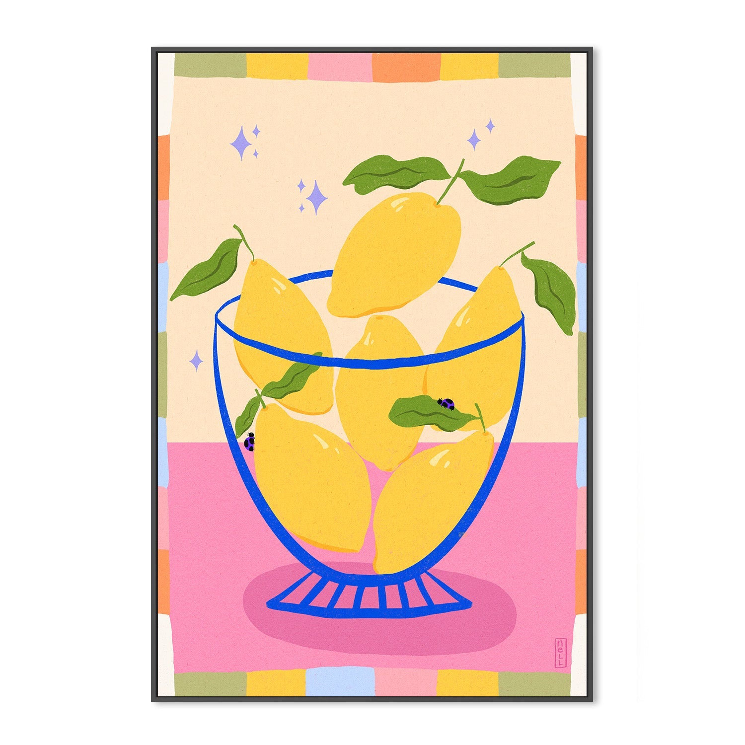 wall-art-print-canvas-poster-framed-Lemons in a Bowl Retro Illustration with Colorful Frame-3