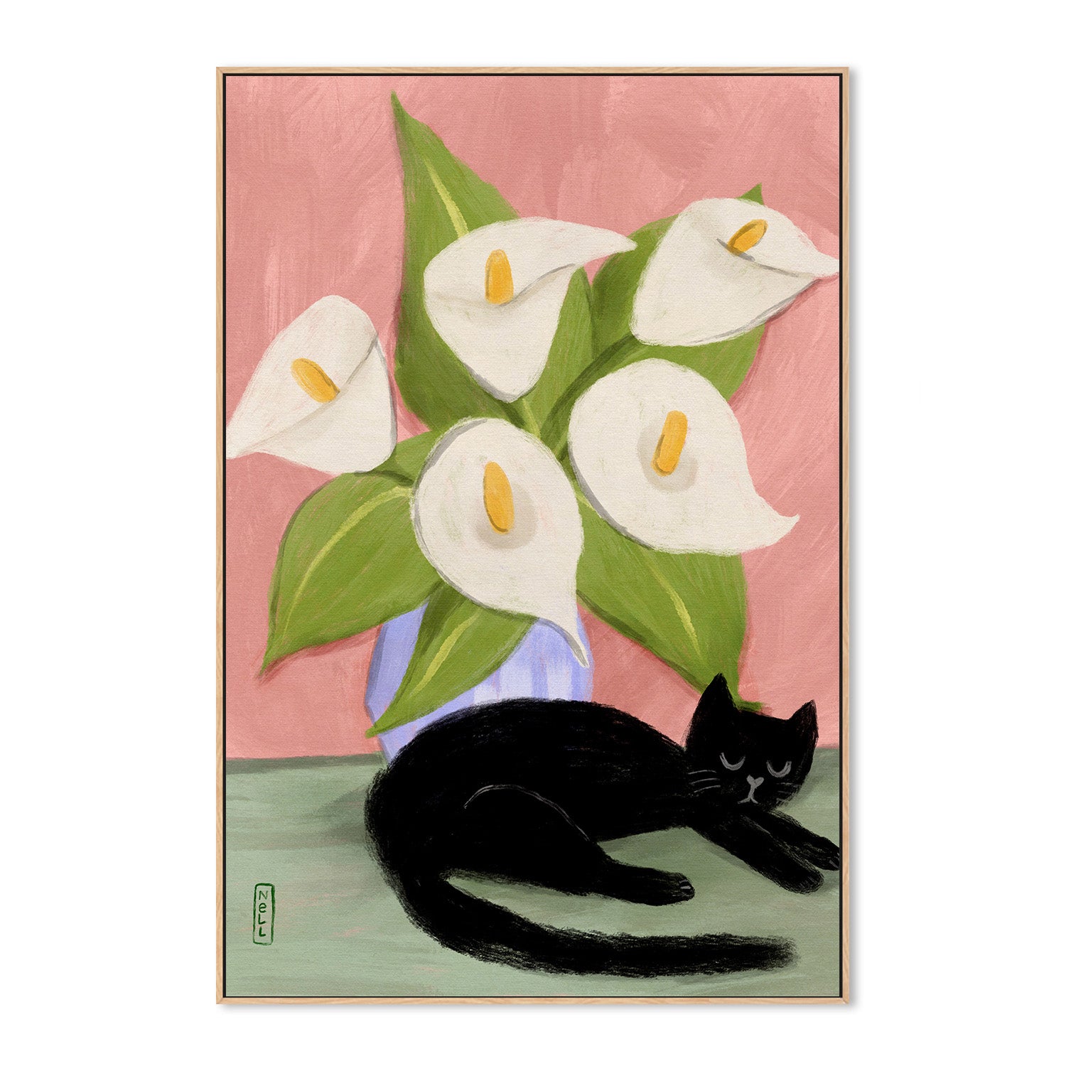 wall-art-print-canvas-poster-framed-Lilies in a Vase and a black cat-4
