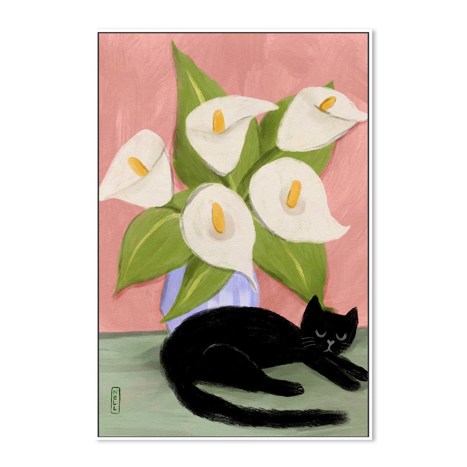 wall-art-print-canvas-poster-framed-Lilies in a Vase and a black cat-5