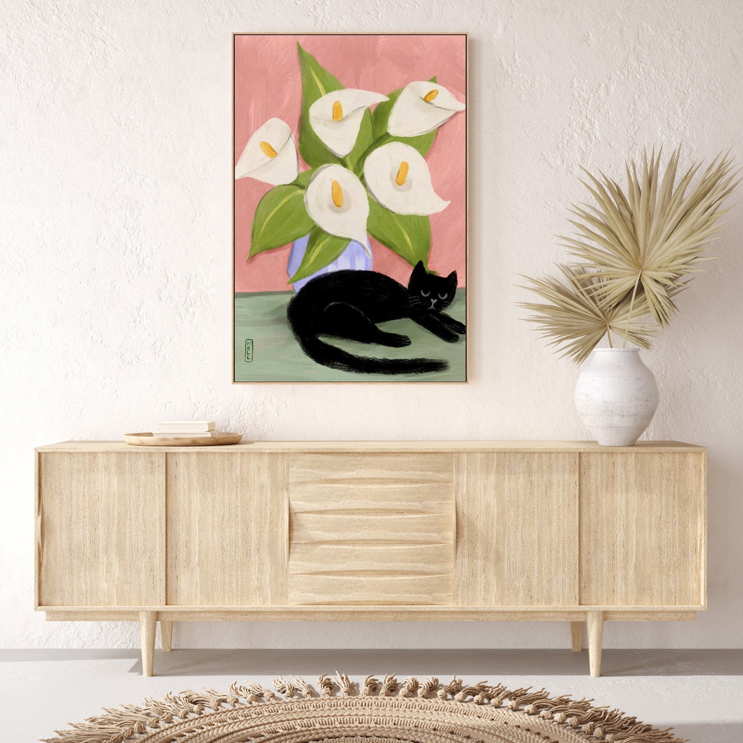 wall-art-print-canvas-poster-framed-Lilies in a Vase and a black cat-7