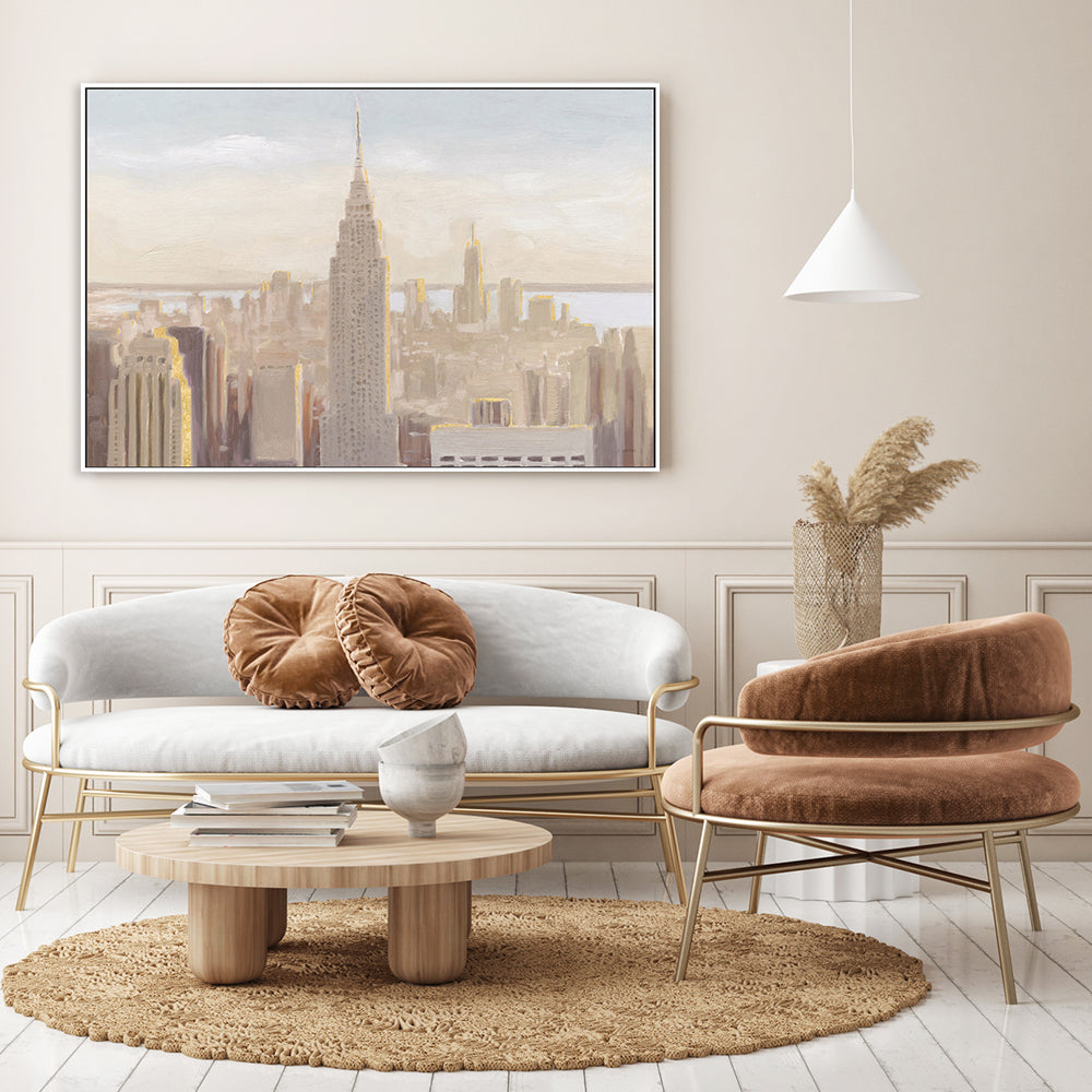 wall-art-print-canvas-poster-framed-Manhattan Dawn Gold and Neutral-by-James Wiens-Gioia Wall Art