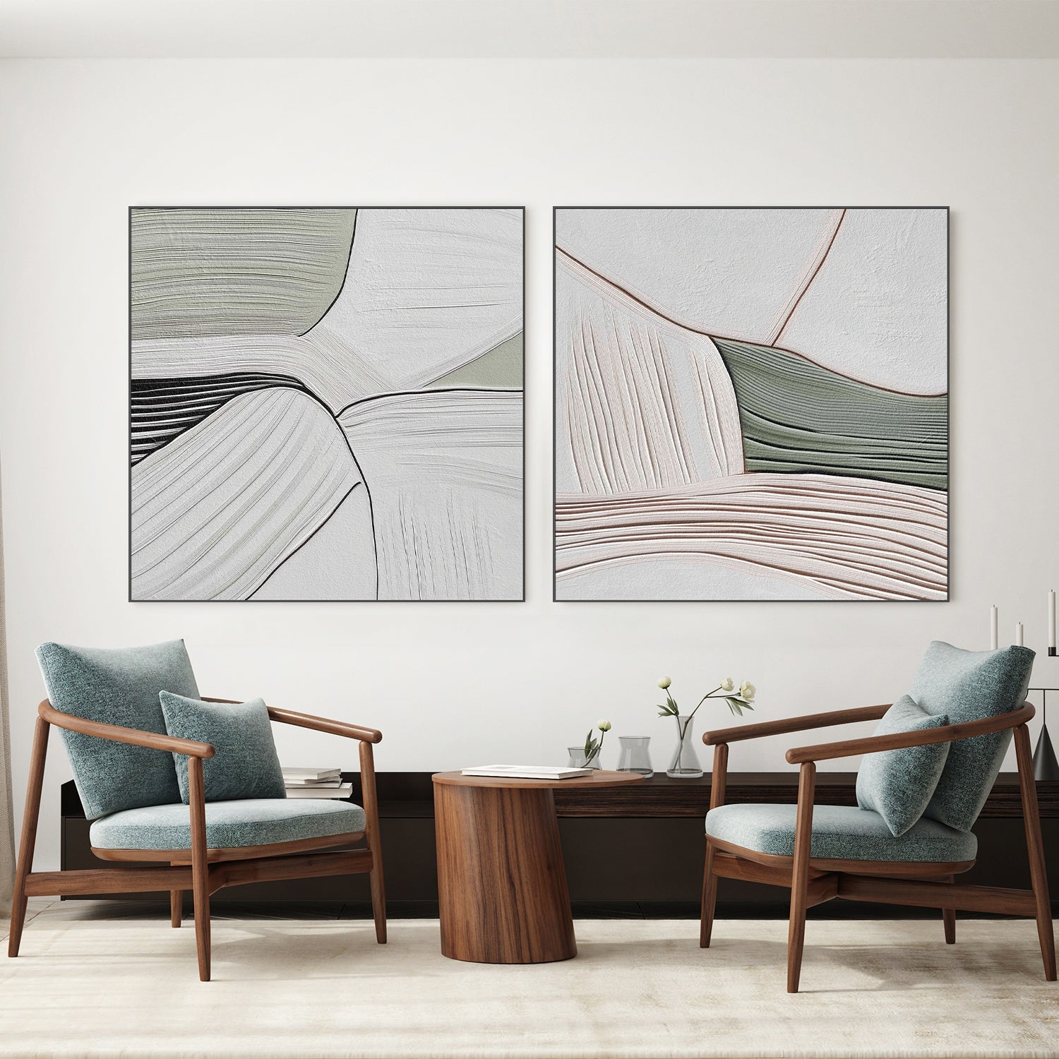 wall-art-print-canvas-poster-framed-Minimal Lines Grey Green, Style A & B, Set Of 2 , By Alma-7