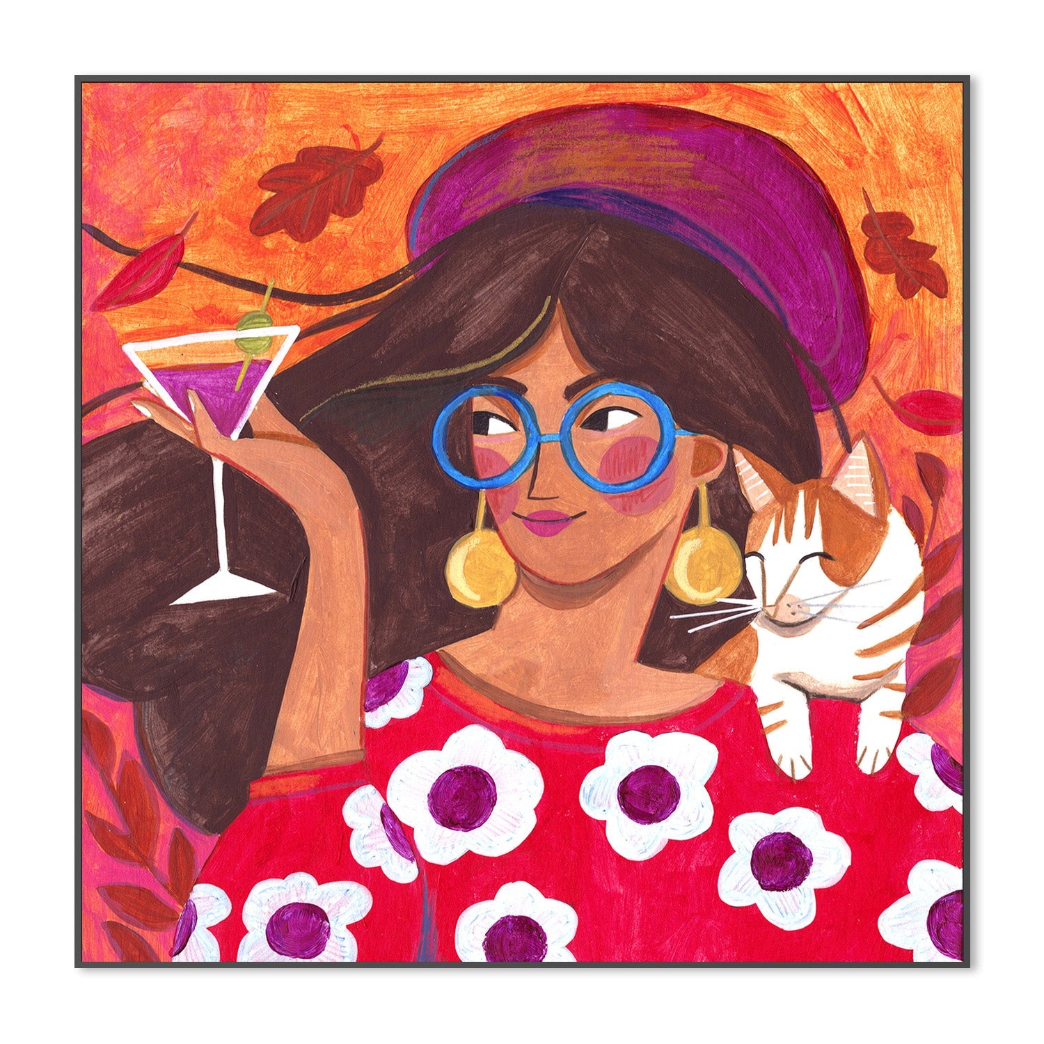 wall-art-print-canvas-poster-framed-Modern Autumn portrait Woman with Cat-3