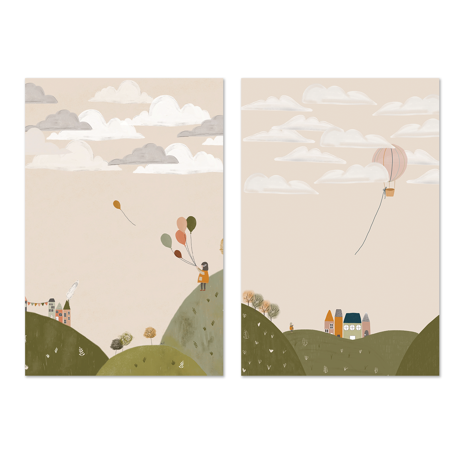 wall-art-print-canvas-poster-framed-Mountains Walk and Pink Hot Air Balloon, Set Of 2 , By Menina Lisboa-1