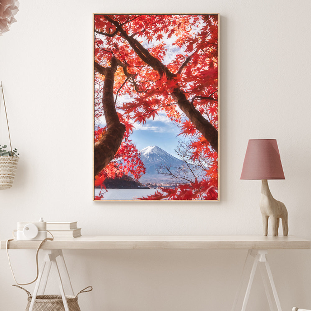 Mt. Fuji Is In The Autumn Leaves, by Makiko Samejima-Gioia-Prints-Framed-Canvas-Poster-GIOIA-WALL-ART