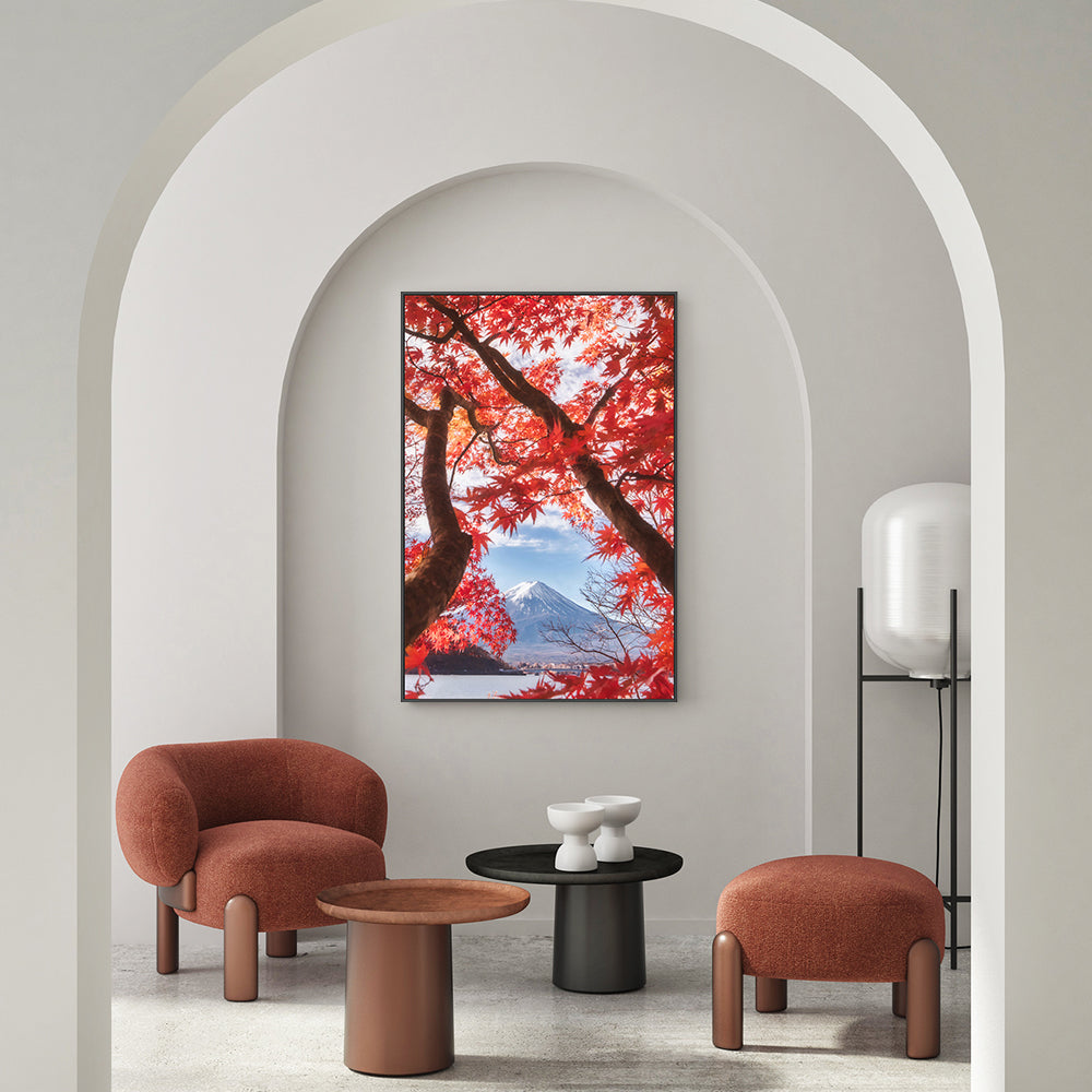 Mt. Fuji Is In The Autumn Leaves, by Makiko Samejima-Gioia-Prints-Framed-Canvas-Poster-GIOIA-WALL-ART