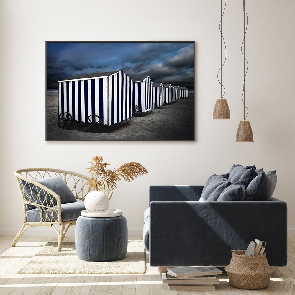 wall-art-print-canvas-poster-framed-Navy And White Striped Beach Boxes , By Gilbert Claes-GIOIA-WALL-ART