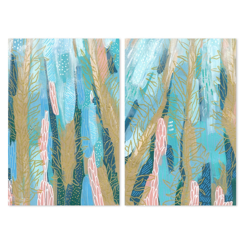 wall-art-print-canvas-poster-framed-Ochre Stems On Turquoise Background, Set Of 2-by-Emily Wood-Gioia Wall Art