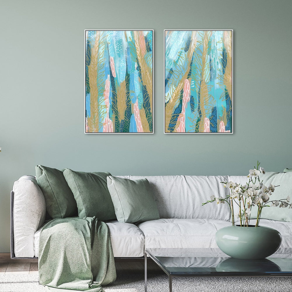 wall-art-print-canvas-poster-framed-Ochre Stems On Turquoise Background, Set Of 2-by-Emily Wood-Gioia Wall Art