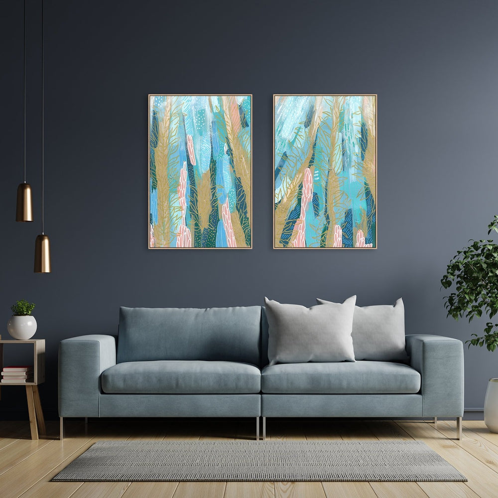 wall-art-print-canvas-poster-framed-Ochre Stems On Turquoise Background, Set Of 2-by-Emily Wood-Gioia Wall Art