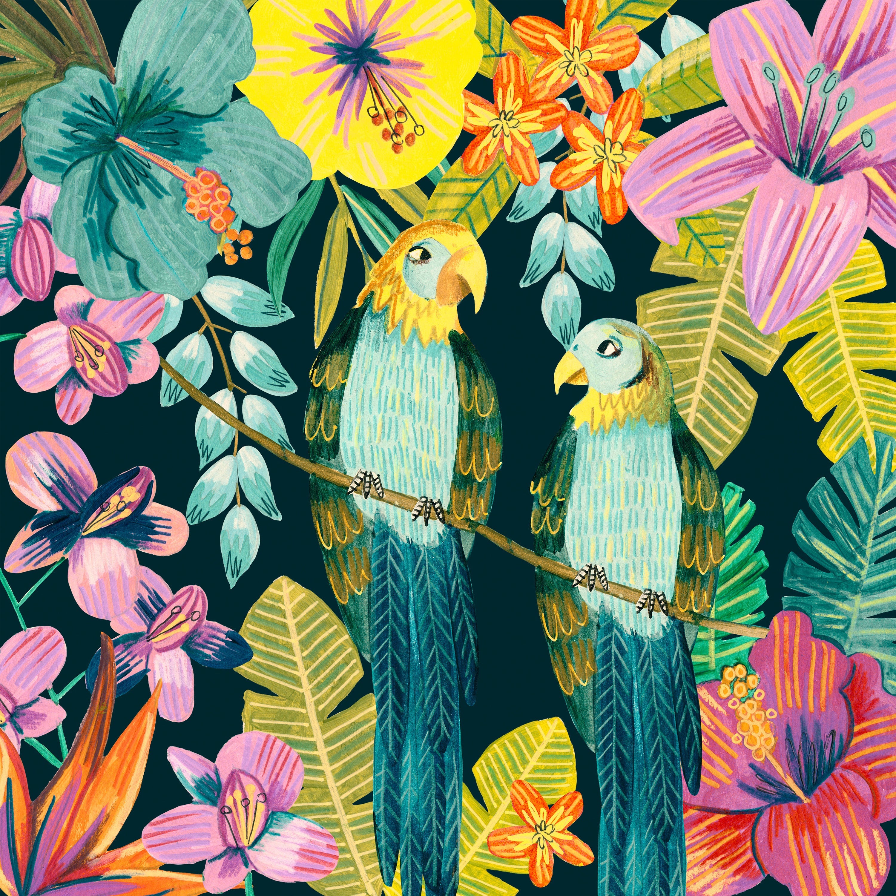 wall-art-print-canvas-poster-framed-Parrots Tropical Floral Jungle-1