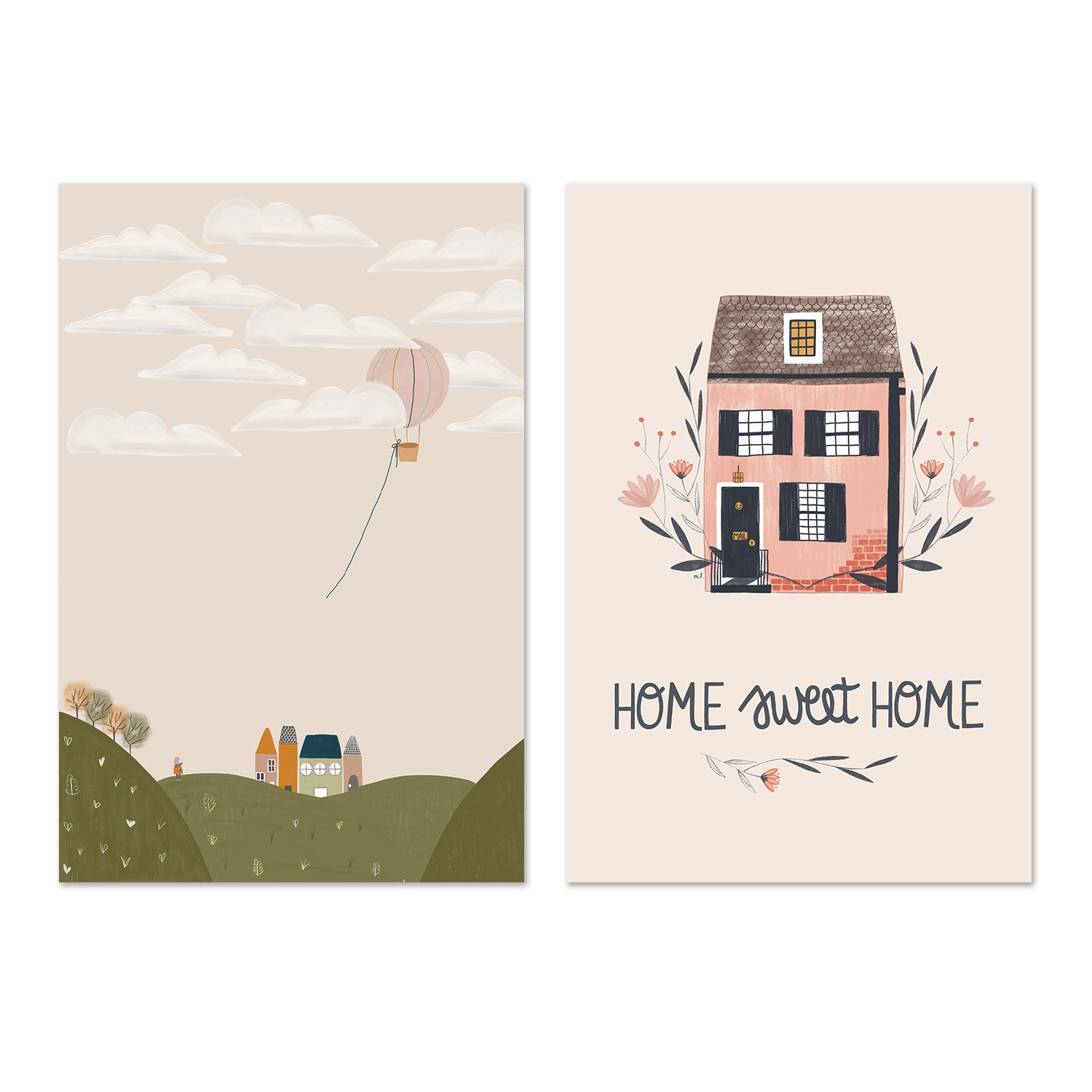 wall-art-print-canvas-poster-framed-Pink Hot Air Balloon and Home Sweet Home, Set Of 2 , By Menina Lisboa-1