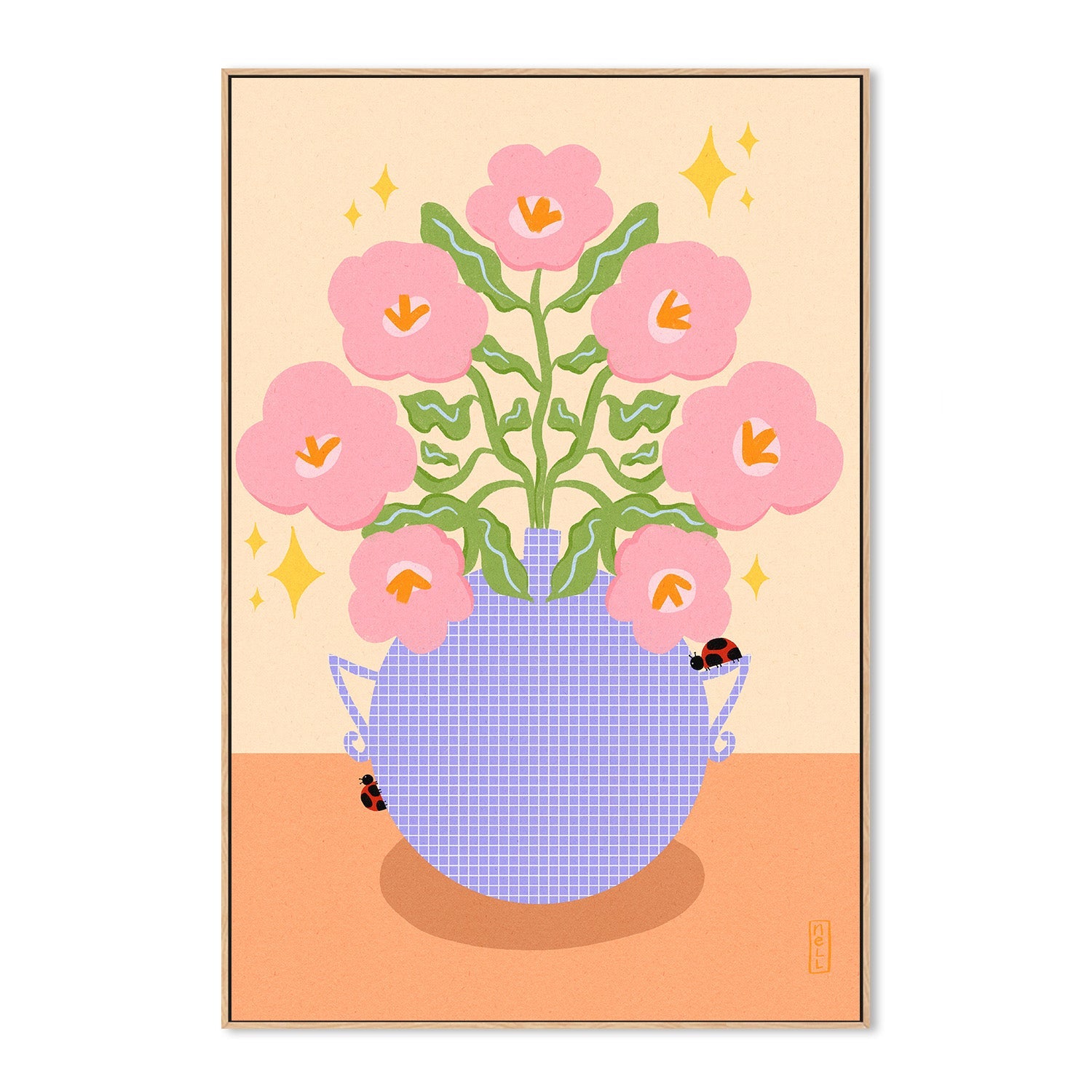 wall-art-print-canvas-poster-framed-Pink Retro Flowers in a Vase Illustration-4