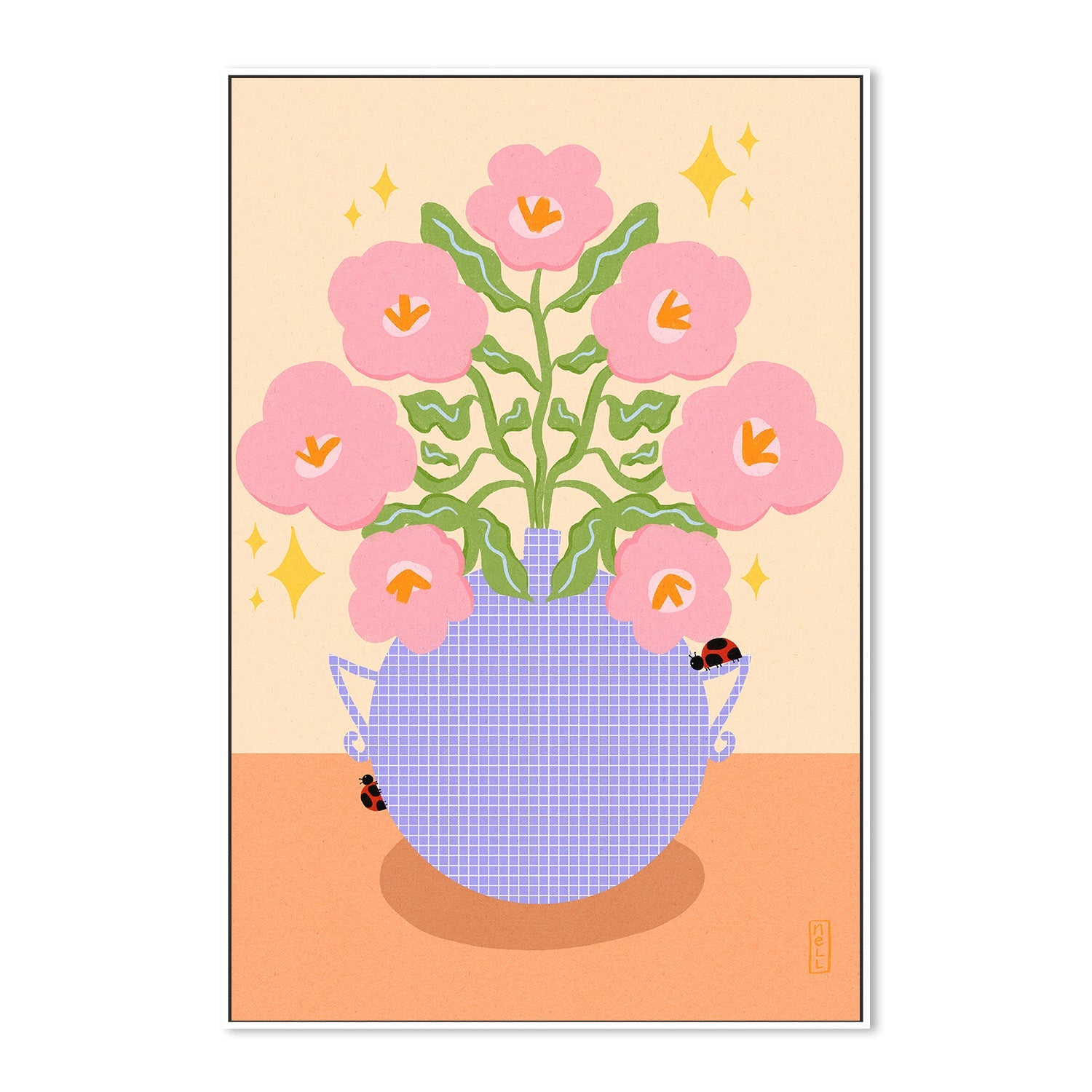 wall-art-print-canvas-poster-framed-Pink Retro Flowers in a Vase Illustration-5