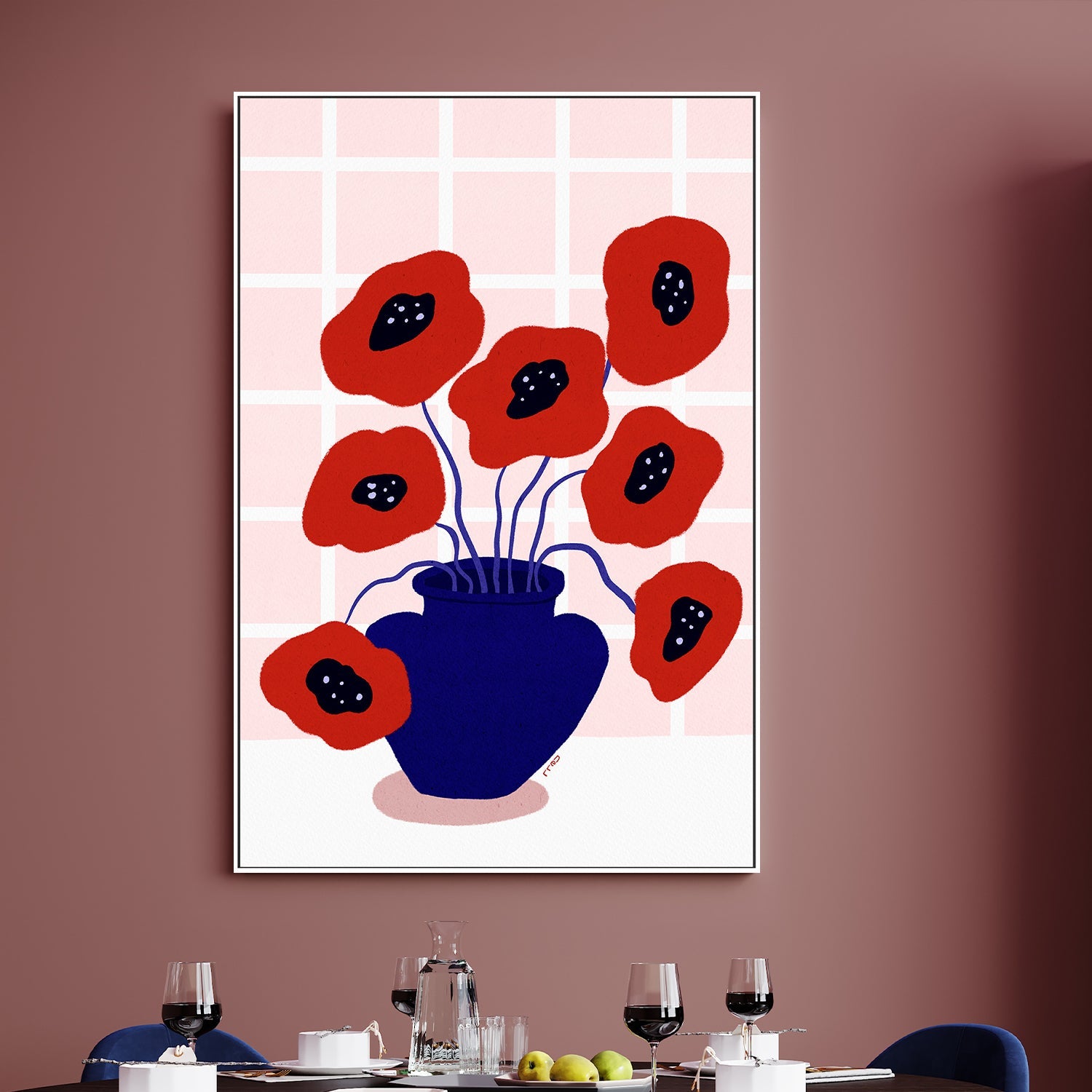 wall-art-print-canvas-poster-framed-Red Poppies In a Vase Illustration-2