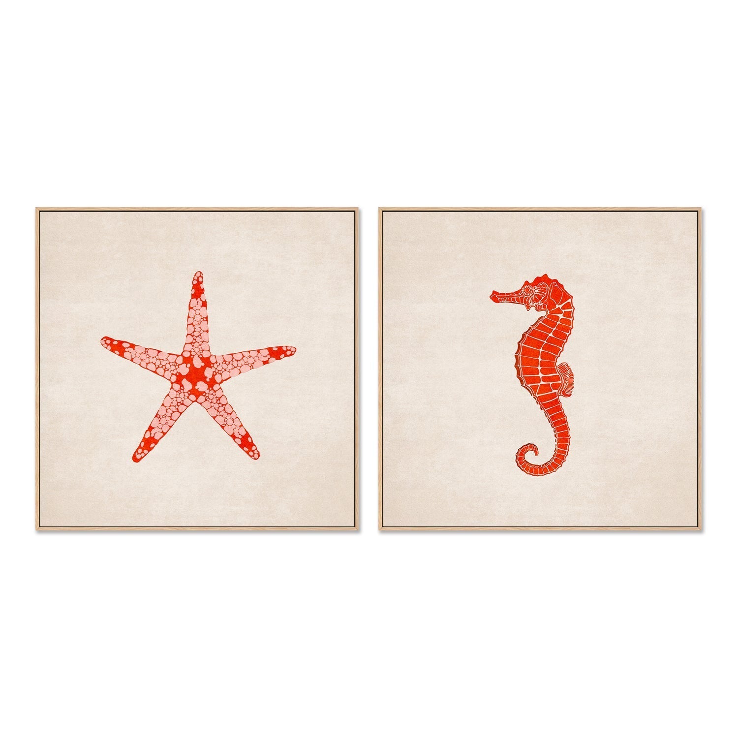 wall-art-print-canvas-poster-framed-Red Starfish And Sea Horse, Set Of 2 , By Emel Tunaboylu-GIOIA-WALL-ART