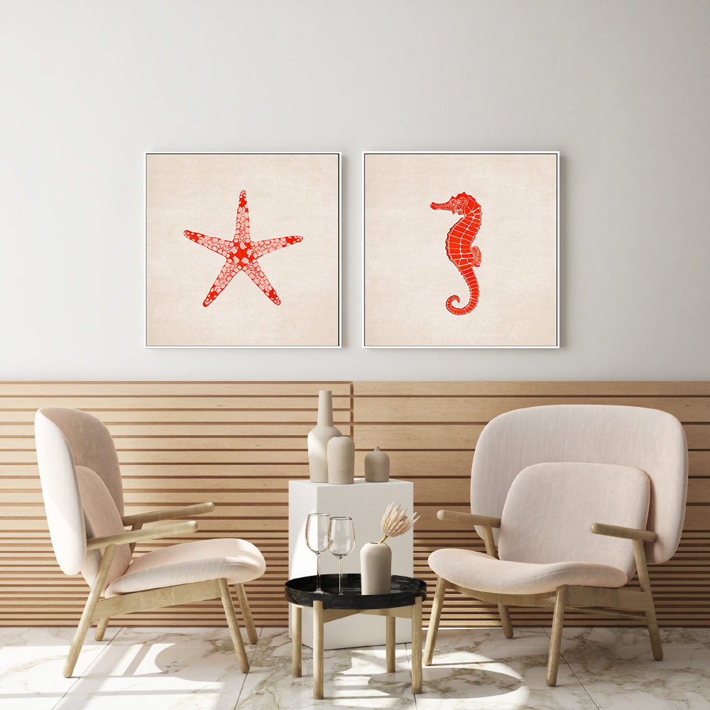 wall-art-print-canvas-poster-framed-Red Starfish And Sea Horse, Set Of 2 , By Emel Tunaboylu-GIOIA-WALL-ART