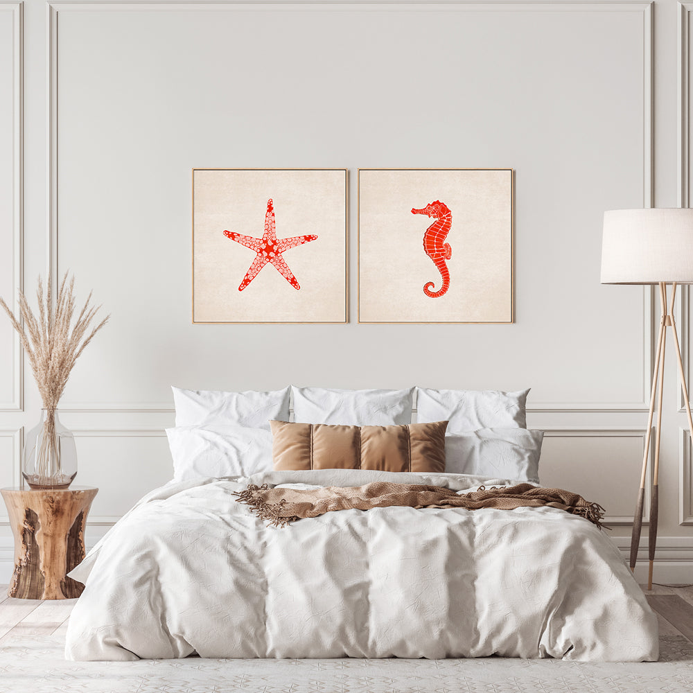 wall-art-print-canvas-poster-framed-Red Starfish And Sea Horse, Set Of 2 , By Emel Tunaboylu-GIOIA-WALL-ART
