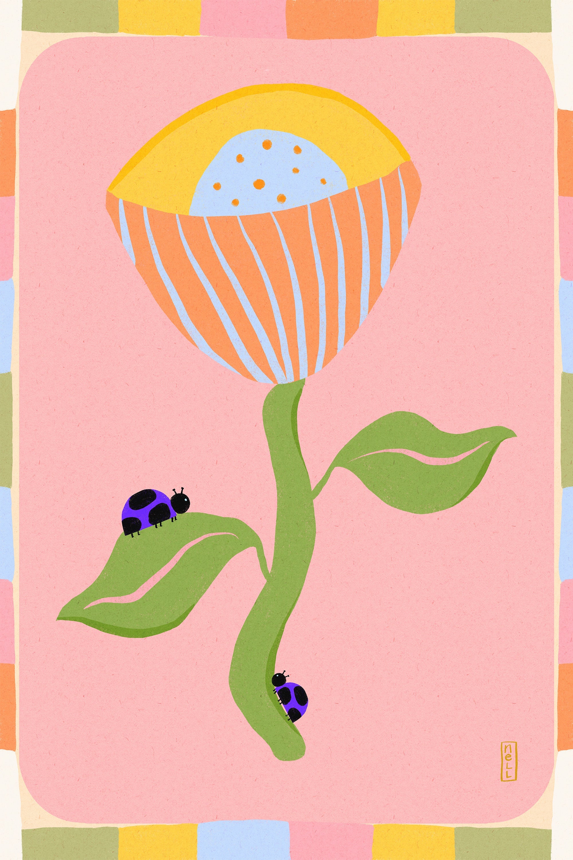 wall-art-print-canvas-poster-framed-Retro Bell Flower and Ladybirds-1