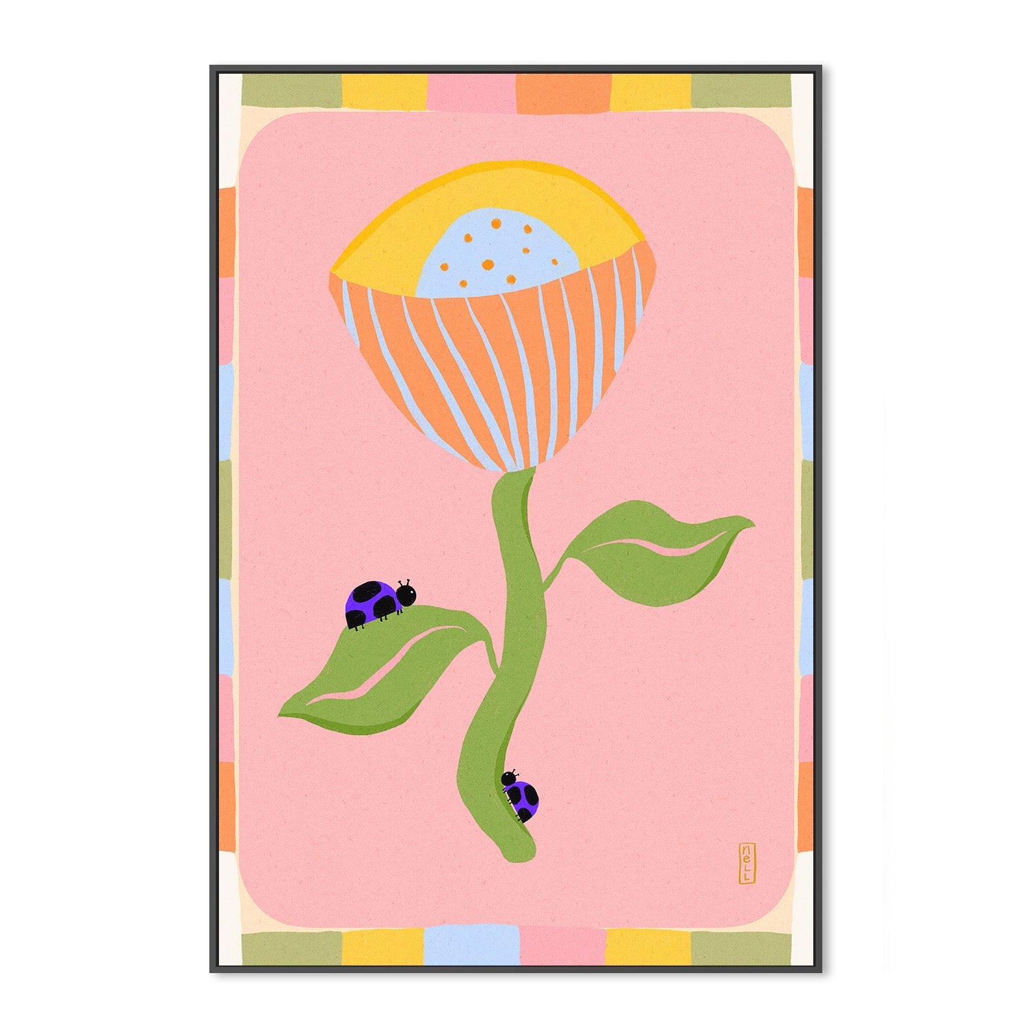 wall-art-print-canvas-poster-framed-Retro Bell Flower and Ladybirds-3