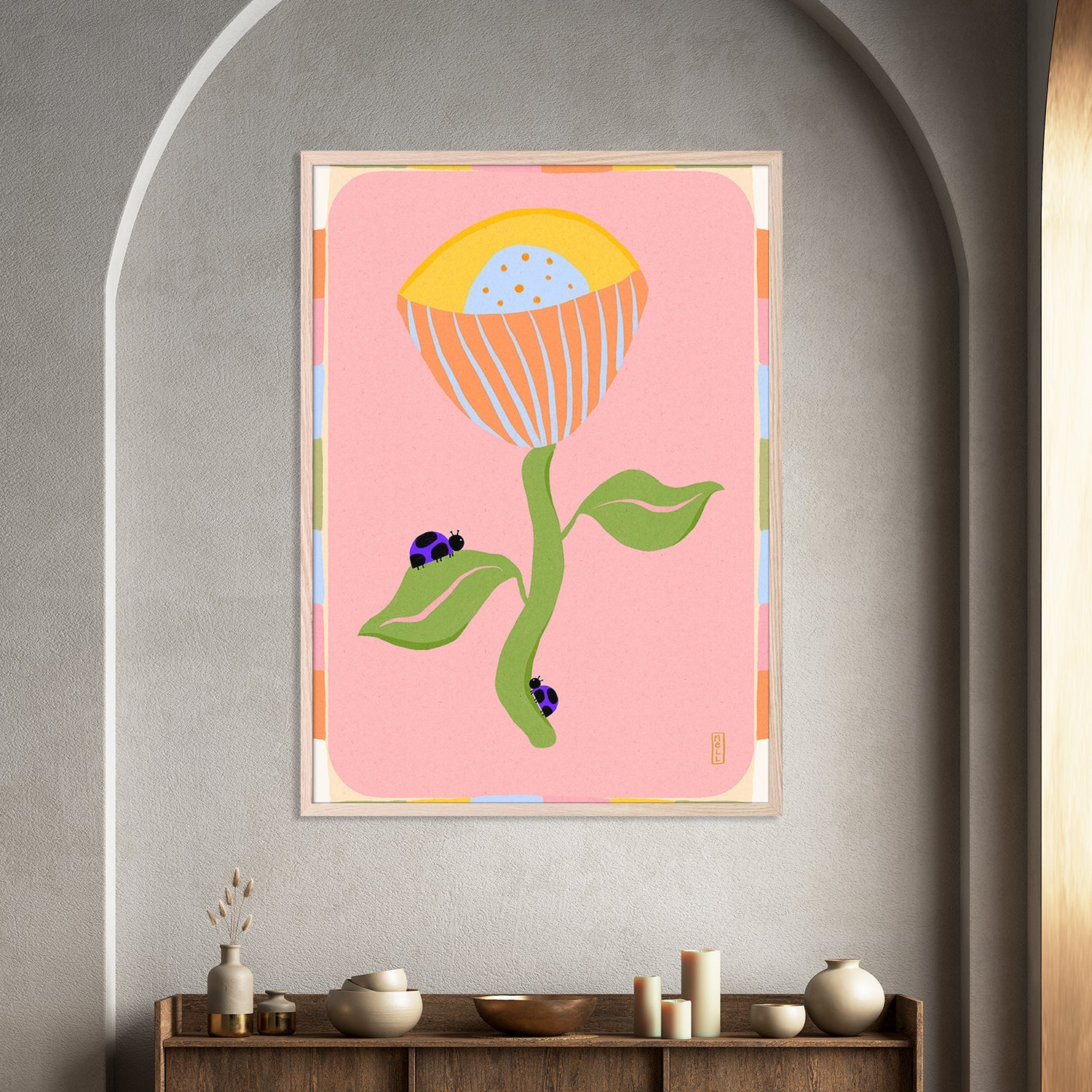 wall-art-print-canvas-poster-framed-Retro Bell Flower and Ladybirds-7