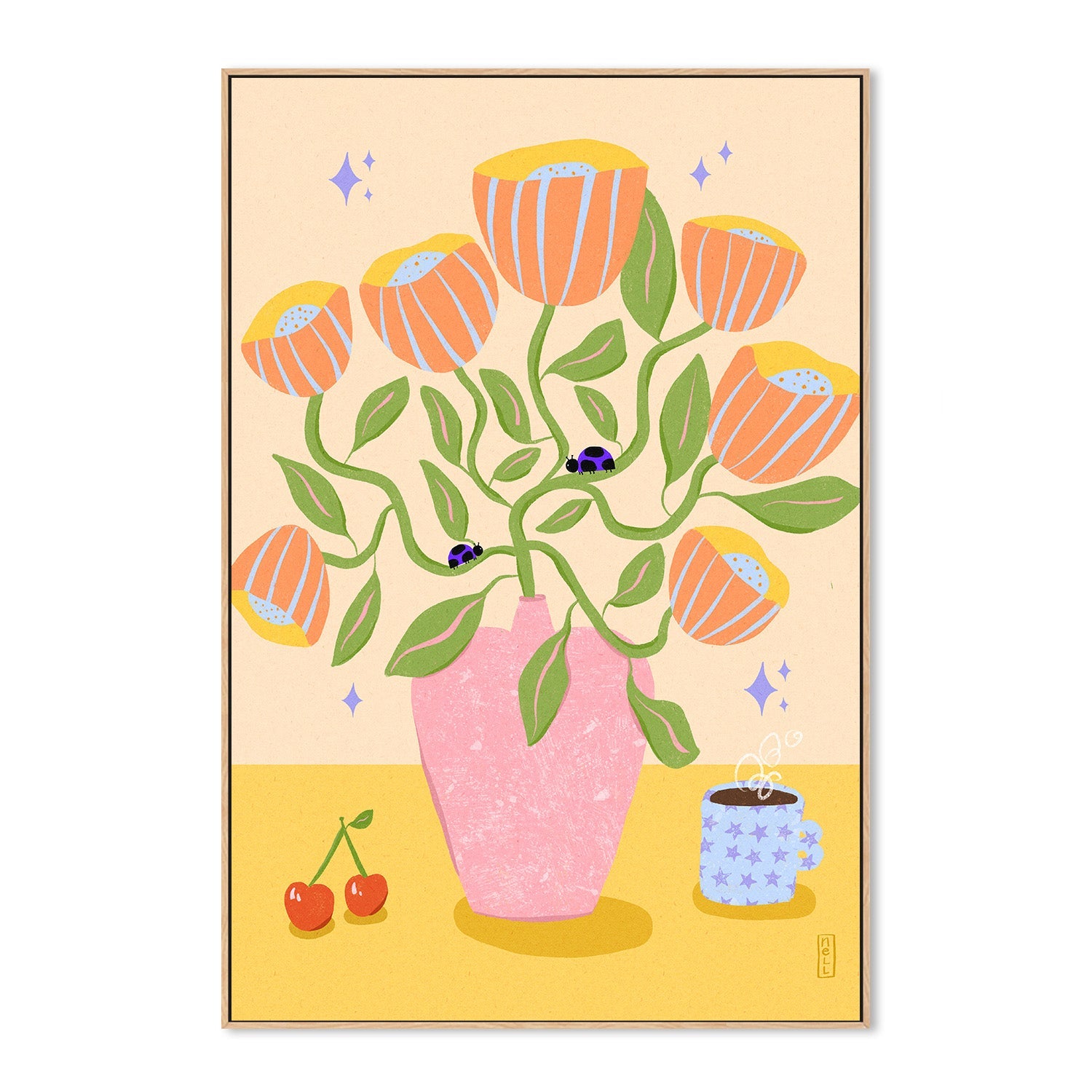 wall-art-print-canvas-poster-framed-Retro Bell Flowers in a Vase Illustration-4