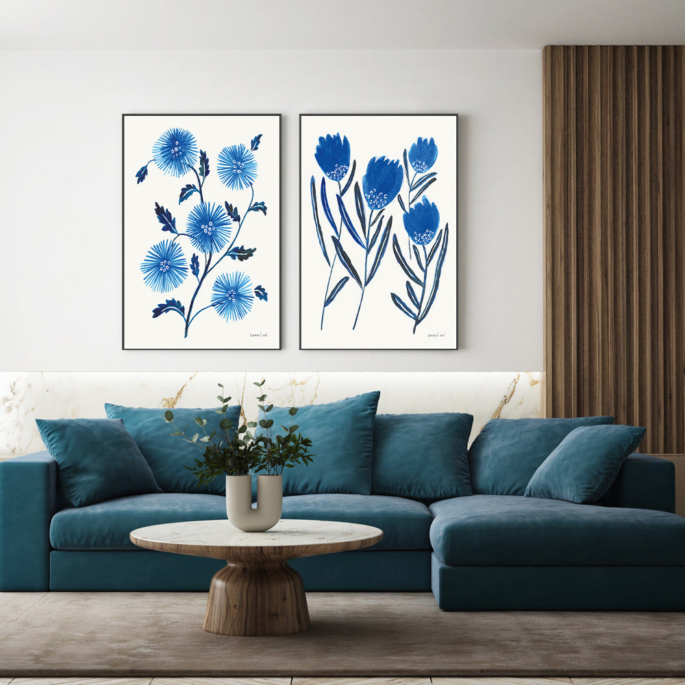wall-art-print-canvas-poster-framed-Saphire Blue Flowers, Style A & B, Set Of 2 , By Danhui Nai-GIOIA-WALL-ART