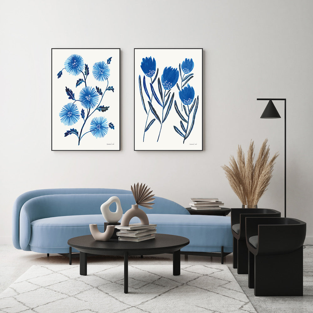 wall-art-print-canvas-poster-framed-Saphire Blue Flowers, Style A & B, Set Of 2 , By Danhui Nai-GIOIA-WALL-ART