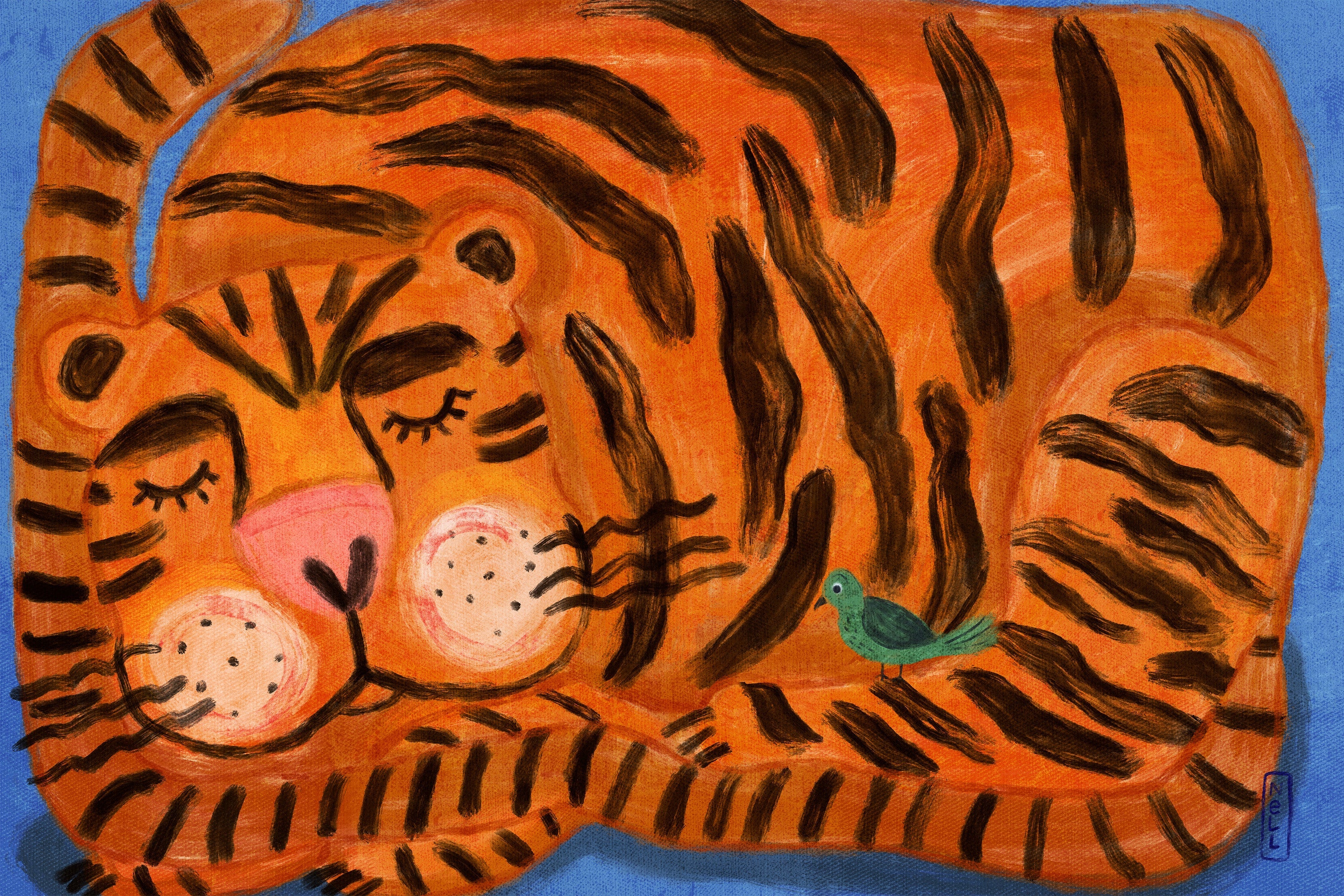 wall-art-print-canvas-poster-framed-Sleeping Tiger and a Bird Animal Friends-1